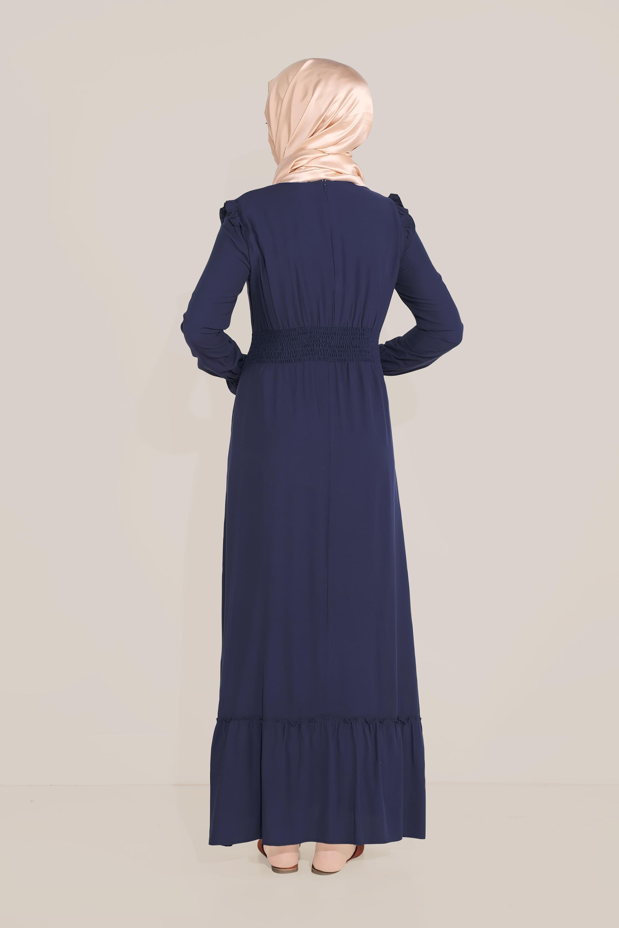 Tesettür giyim LACİVERT BELİ LASTİKLİ FIRFIR DETAYLI ELBİSE 40627