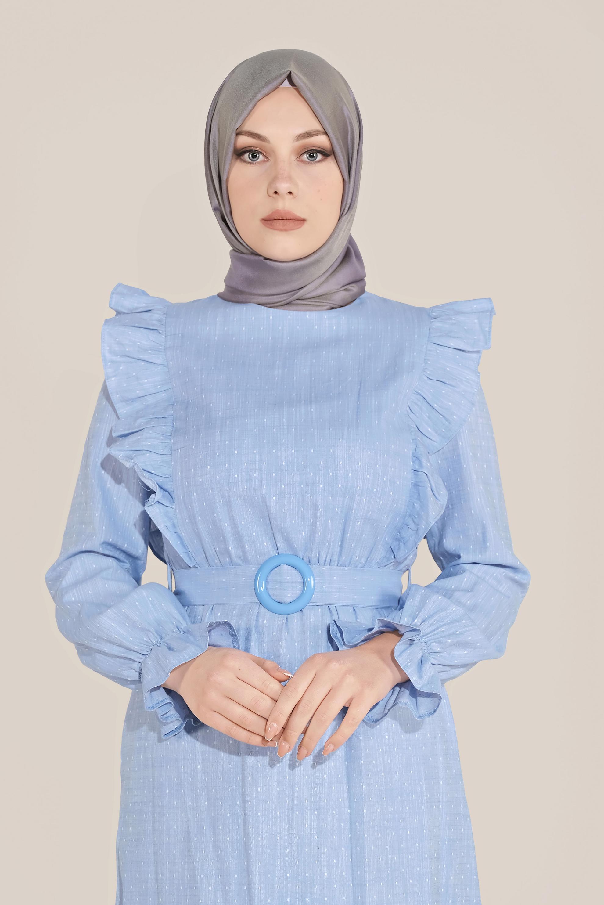 Tesettür giyim MAVİ FIRFIRLI PAMUKLU ELBİSE 40629 