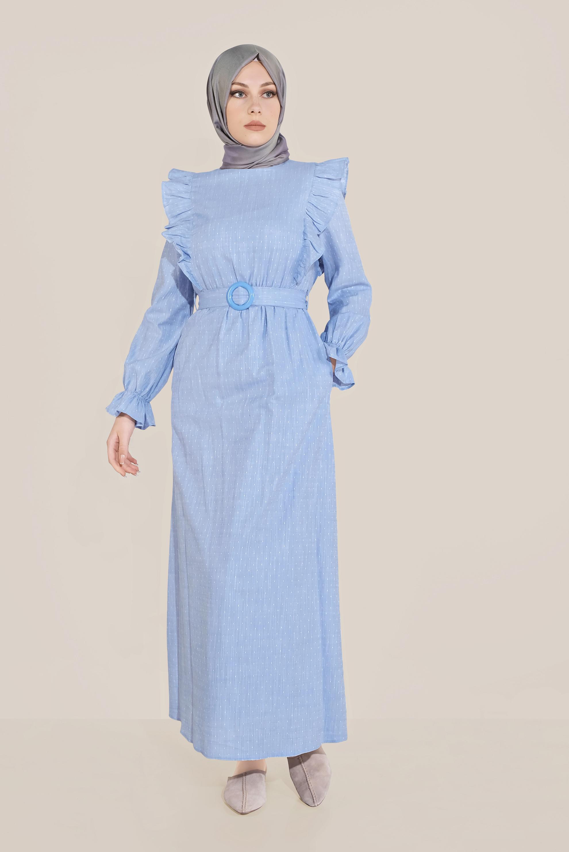 Tesettür giyim MAVİ FIRFIRLI PAMUKLU ELBİSE 40629 