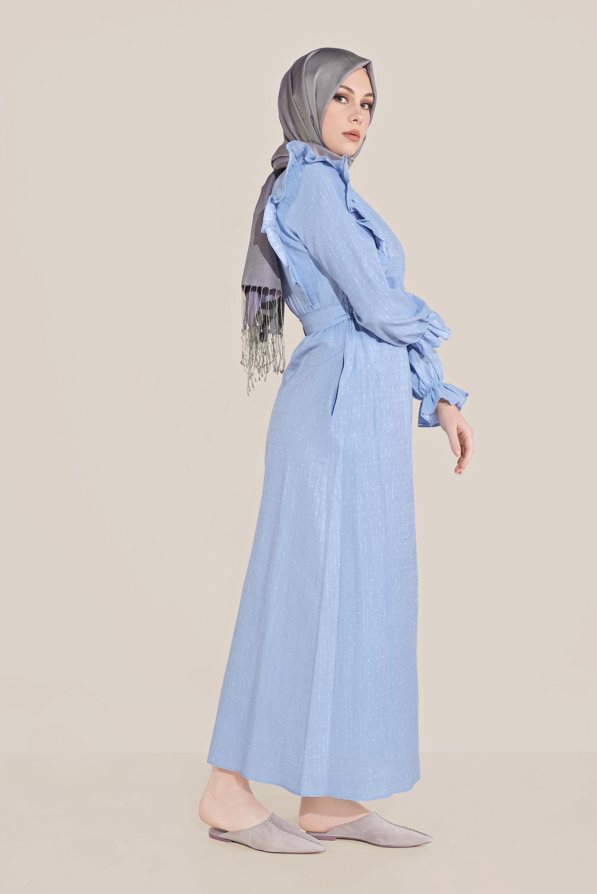 Tesettür giyim MAVİ FIRFIRLI PAMUKLU ELBİSE 40629 