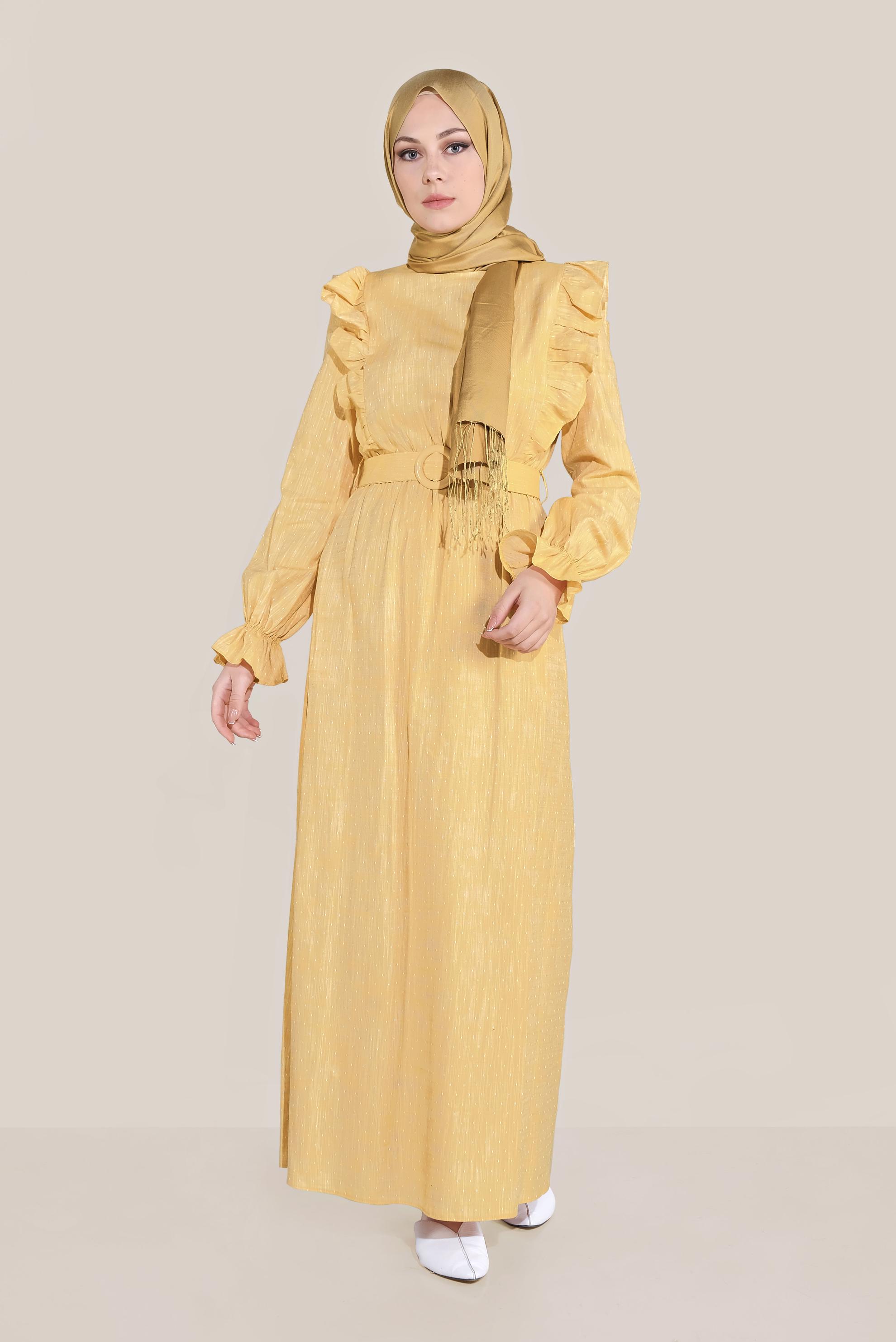 Tesettür giyim SARI FIRFIRLI PAMUKLU ELBİSE 40629 