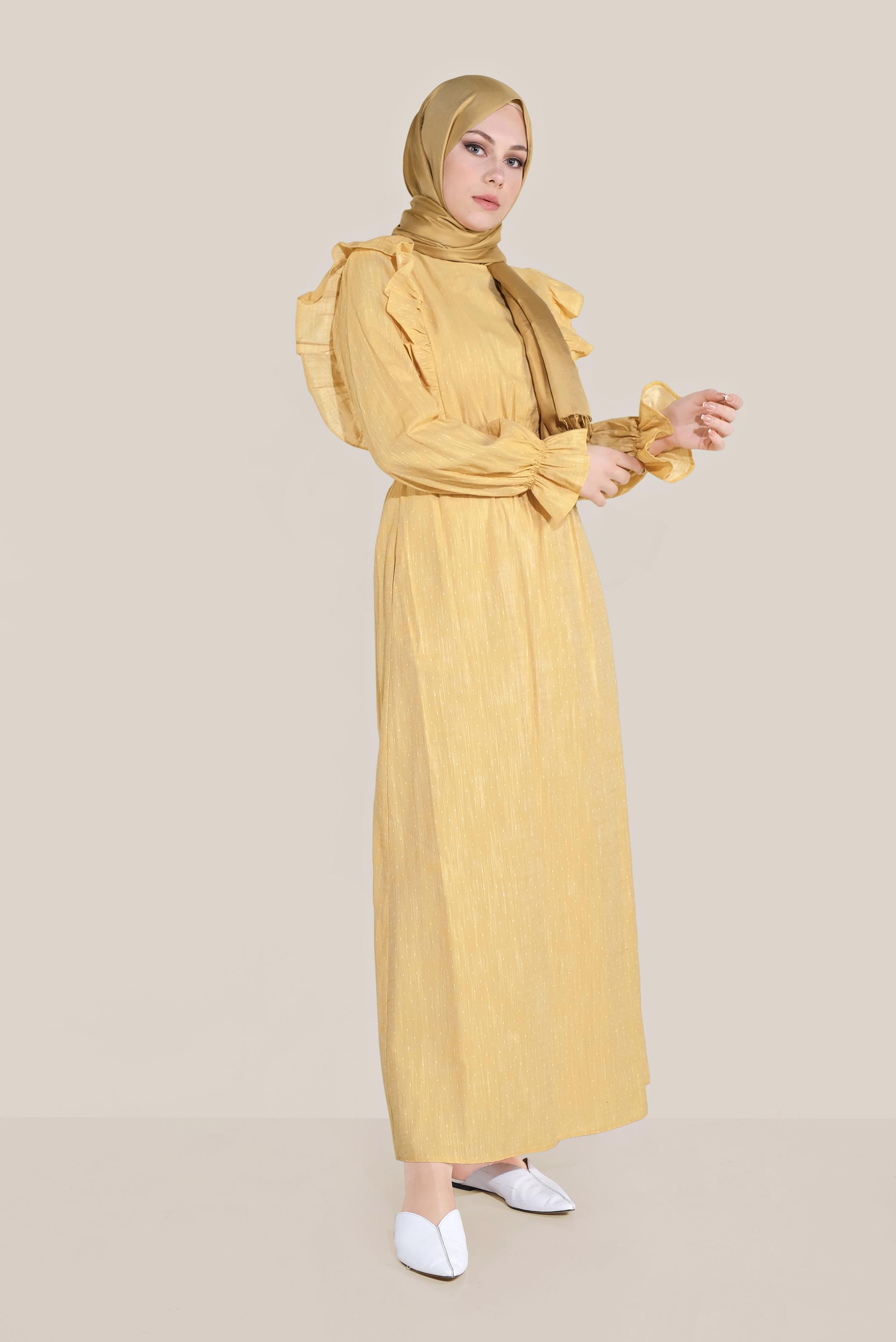 Tesettür giyim SARI FIRFIRLI PAMUKLU ELBİSE 40629 