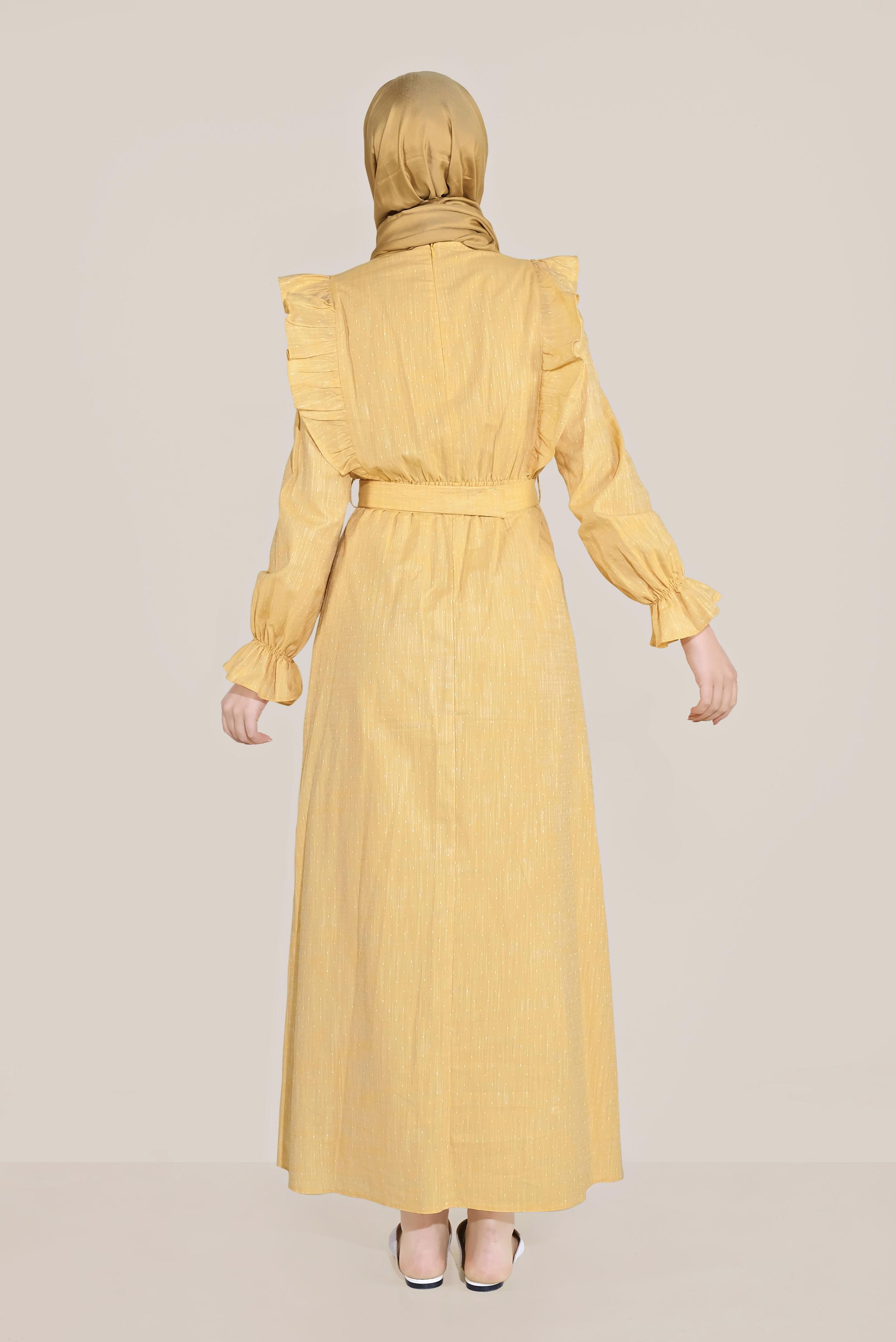 Tesettür giyim SARI FIRFIRLI PAMUKLU ELBİSE 40629 