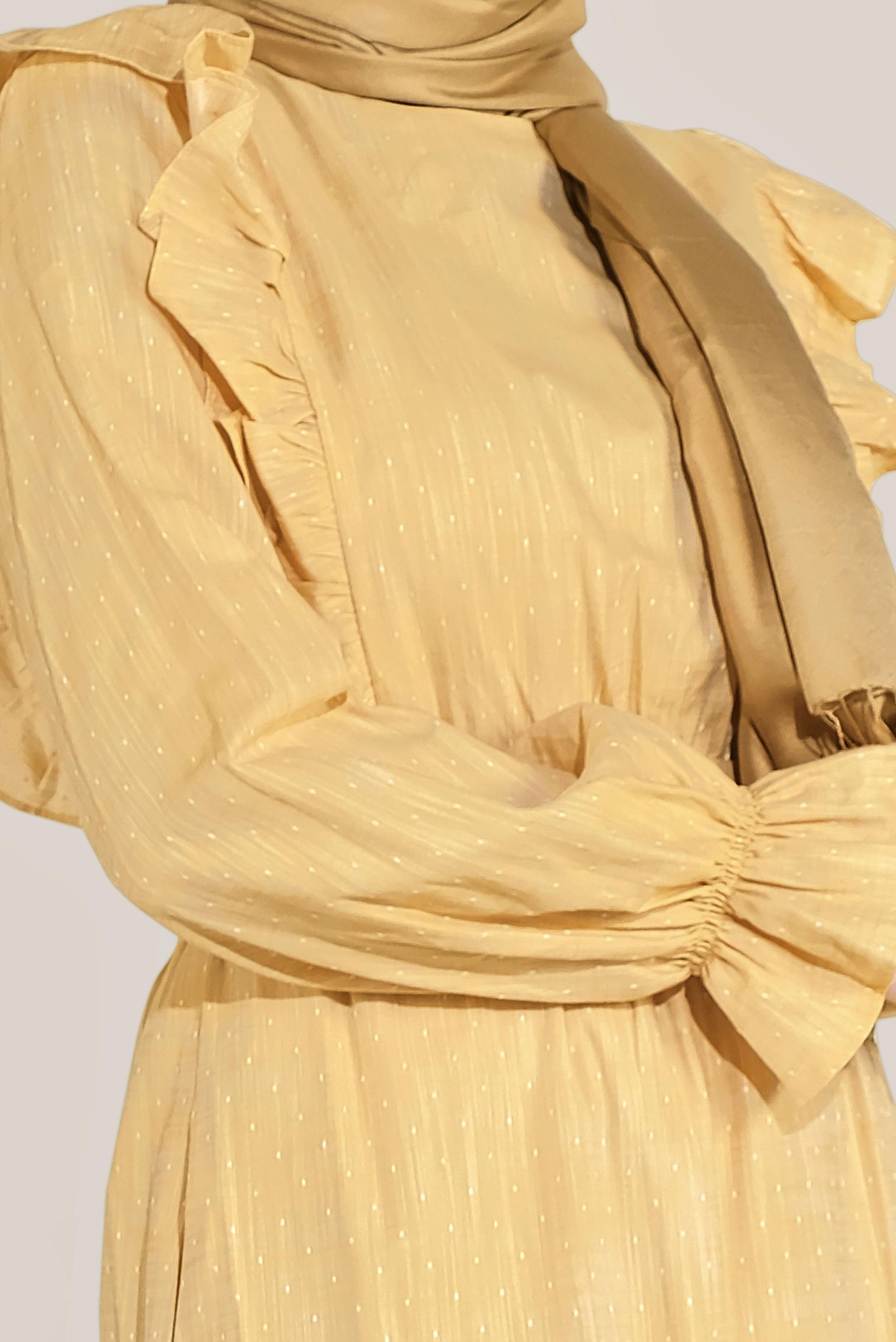 Tesettür giyim SARI FIRFIRLI PAMUKLU ELBİSE 40629 