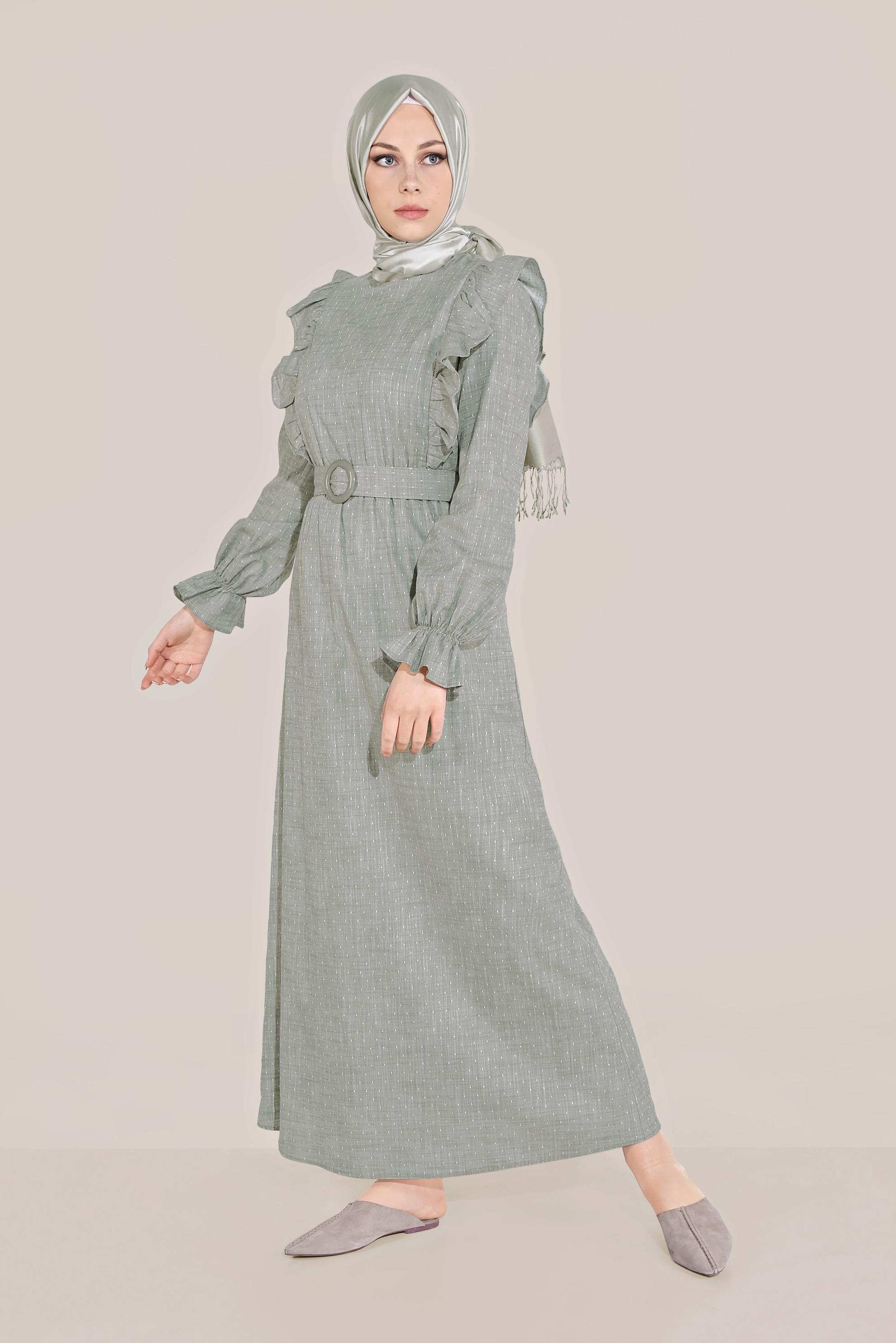 Tesettür giyim HAKİ FIRFIRLI PAMUKLU ELBİSE 40629 