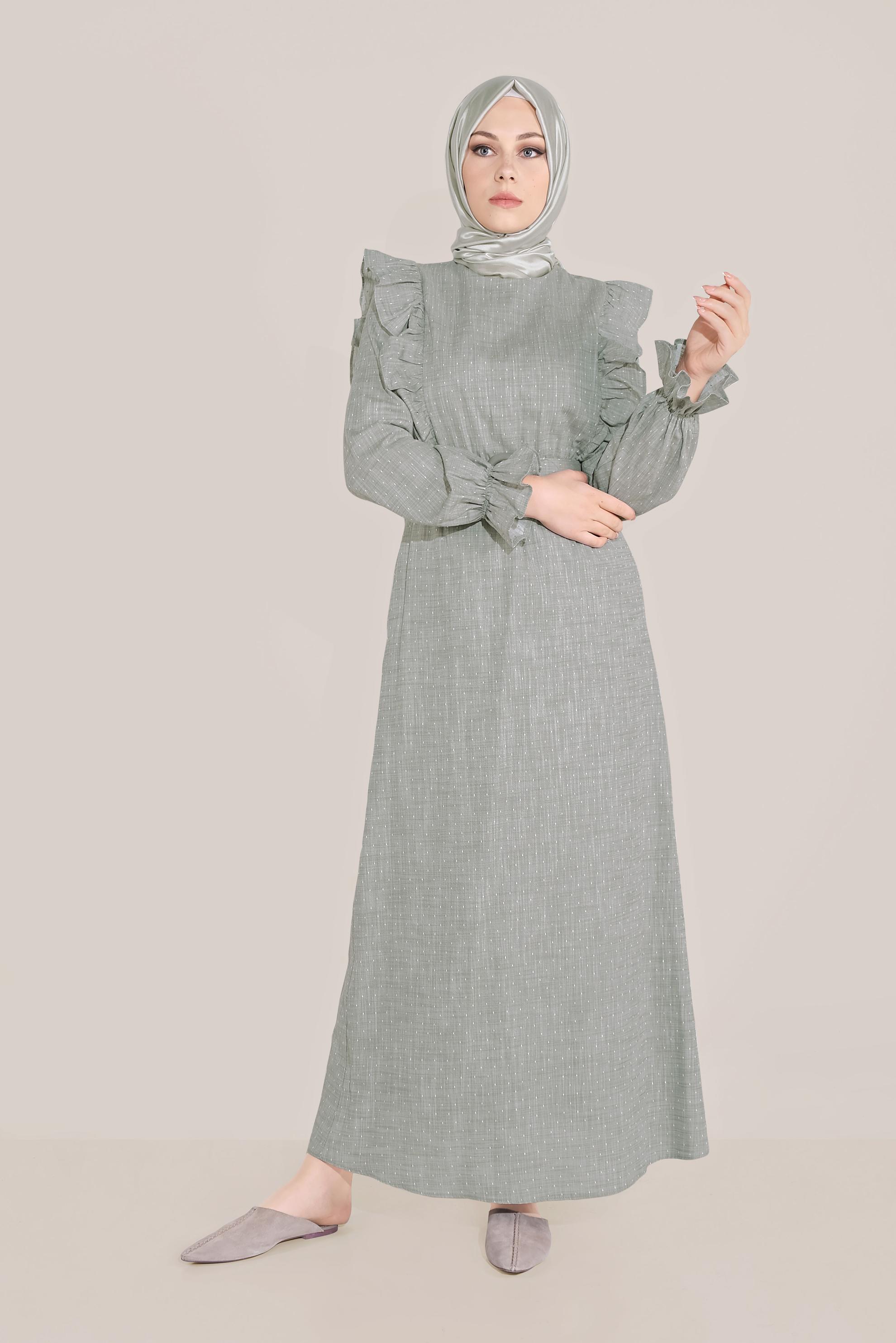 Tesettür giyim HAKİ FIRFIRLI PAMUKLU ELBİSE 40629 