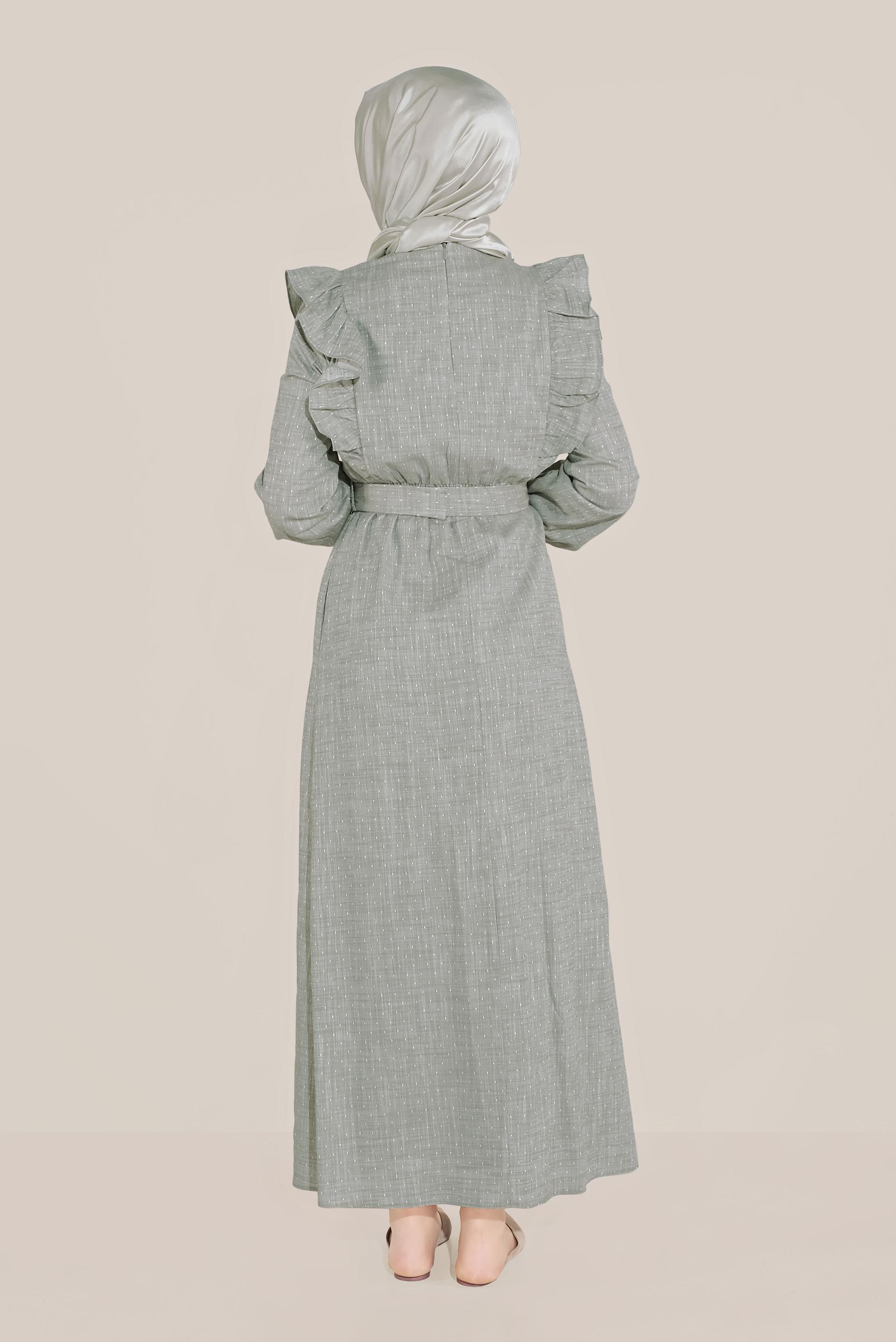 Tesettür giyim HAKİ FIRFIRLI PAMUKLU ELBİSE 40629 