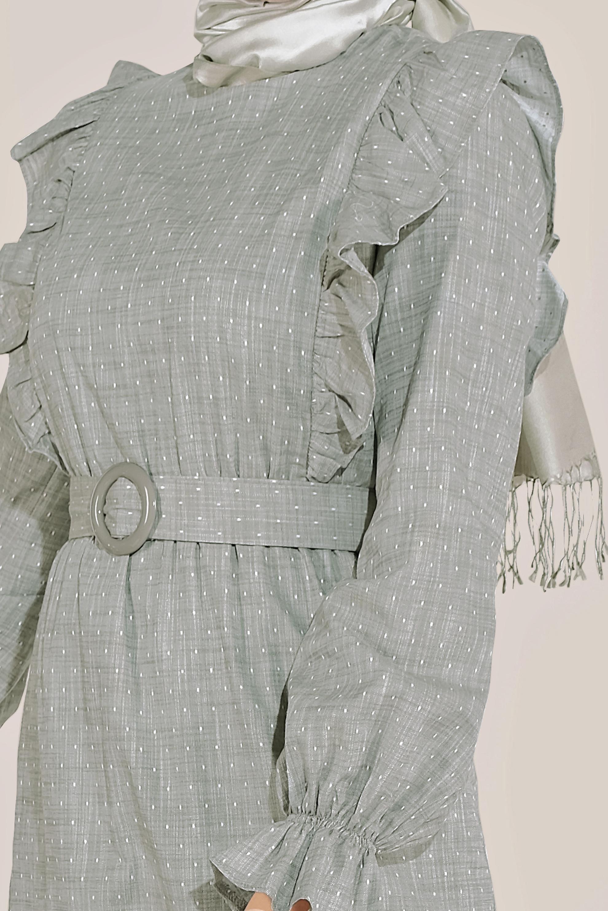 Tesettür giyim HAKİ FIRFIRLI PAMUKLU ELBİSE 40629 