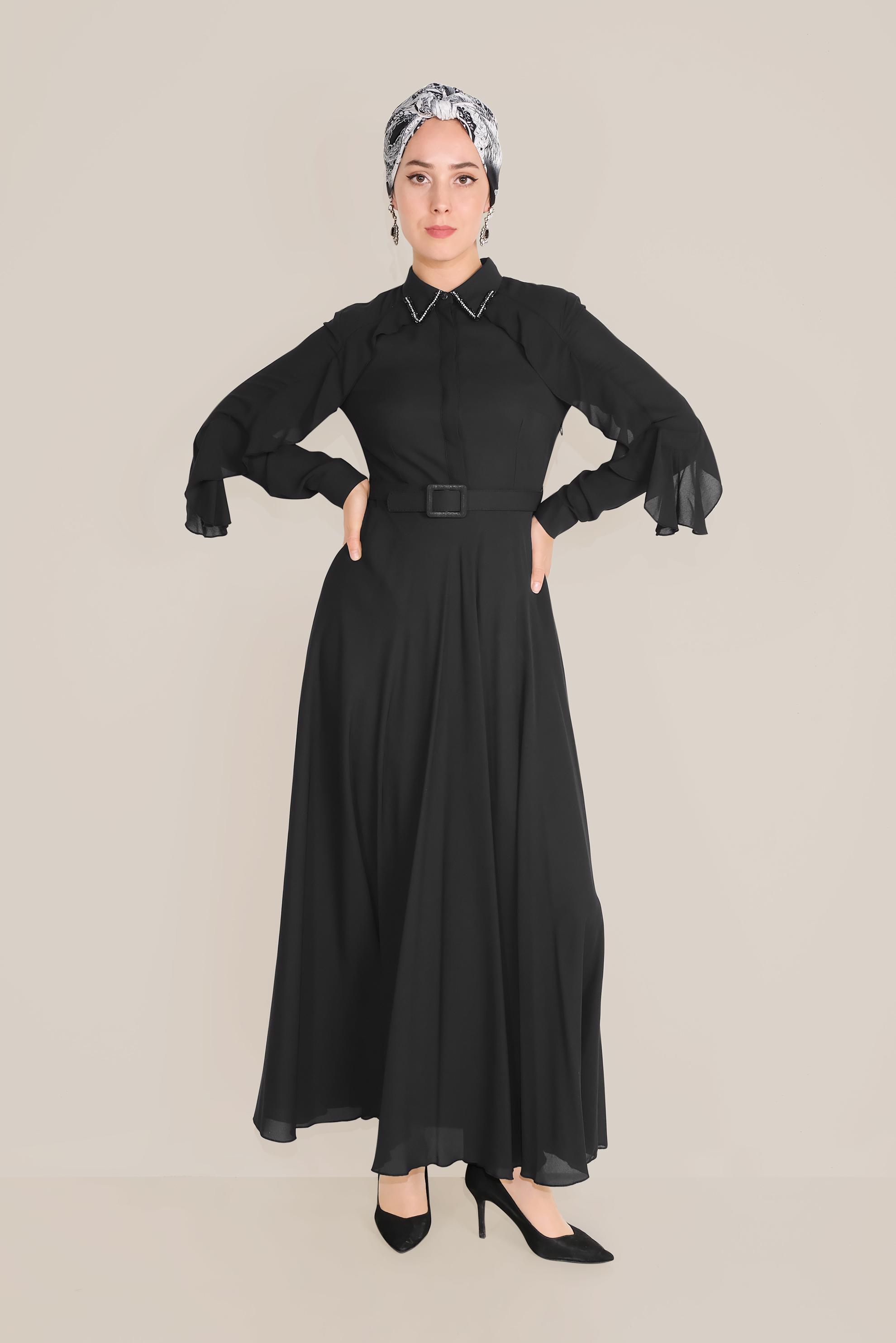 Tesettür giyim SİYAH YAKASI BONCUK İŞLEMELİ ELBİSE 40649