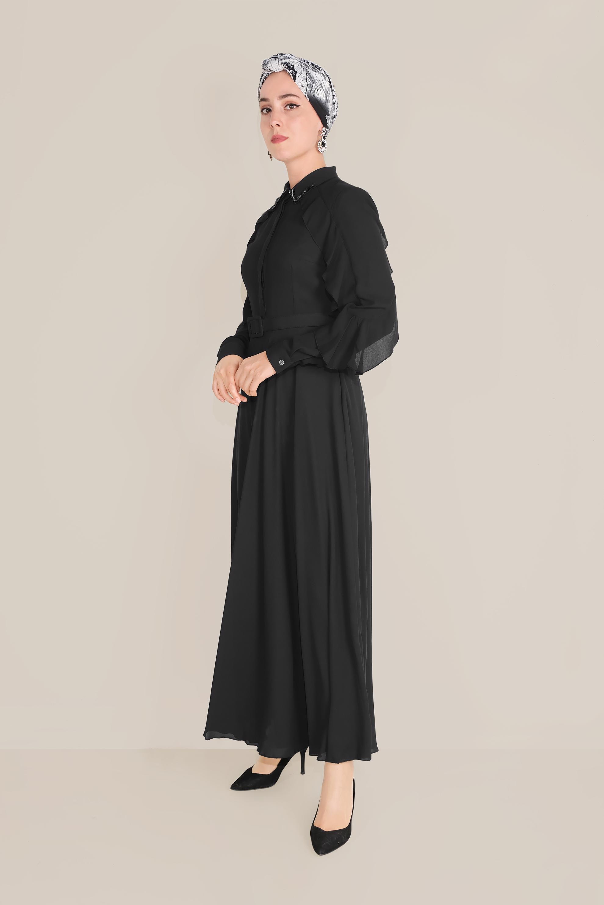 Tesettür giyim SİYAH YAKASI BONCUK İŞLEMELİ ELBİSE 40649