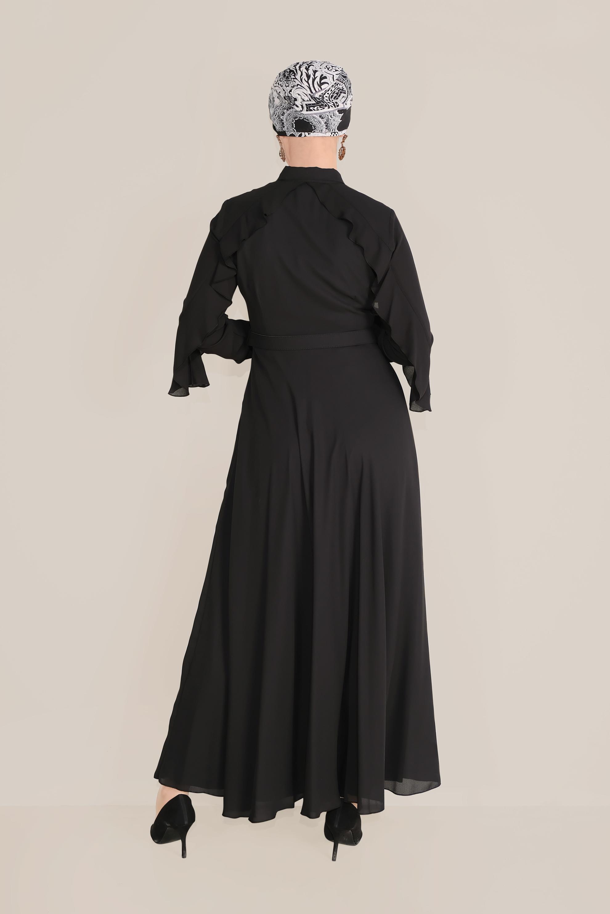 Tesettür giyim SİYAH YAKASI BONCUK İŞLEMELİ ELBİSE 40649