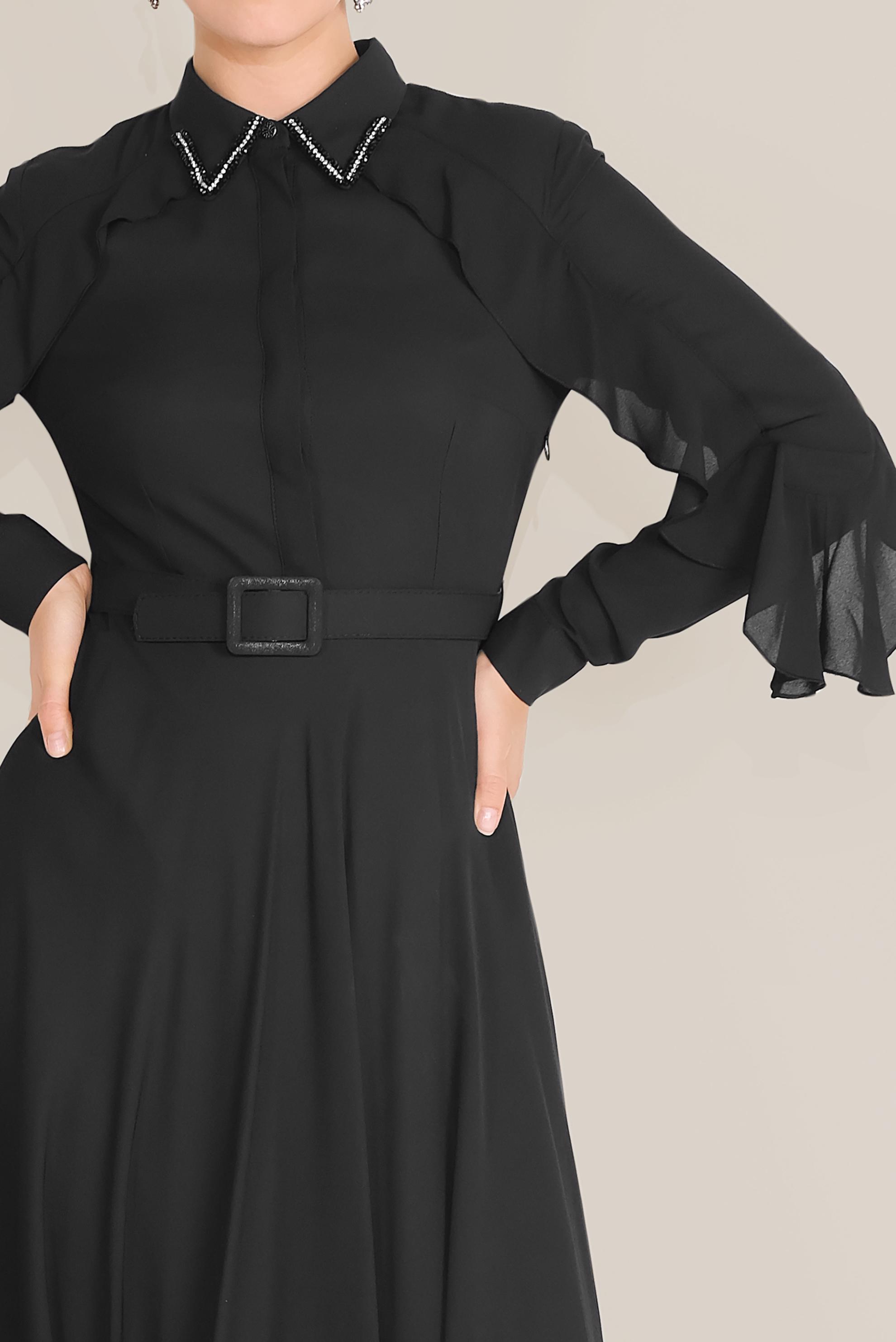 Tesettür giyim SİYAH YAKASI BONCUK İŞLEMELİ ELBİSE 40649