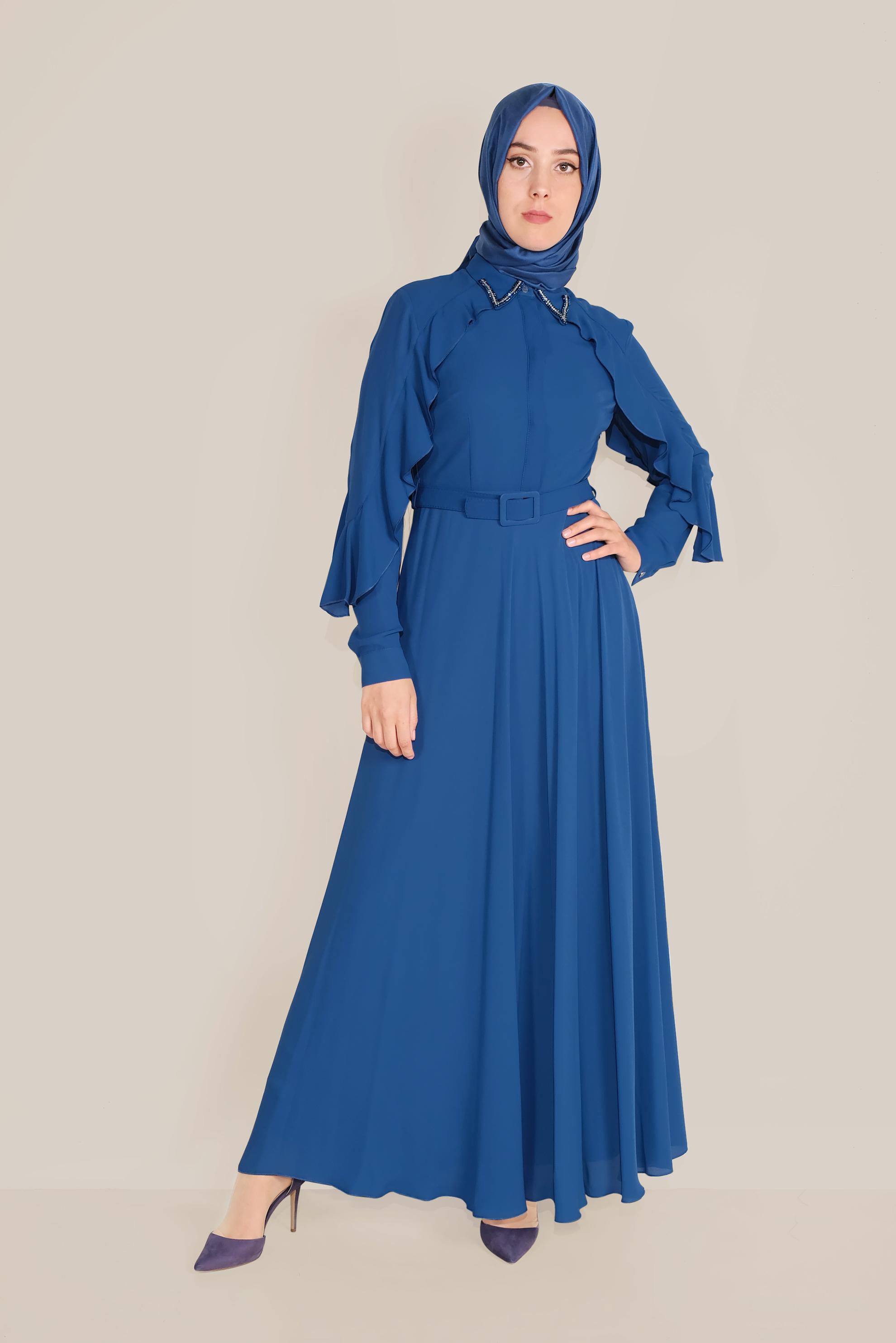 Tesettür giyim LACİVERT YAKASI BONCUK İŞLEMELİ ELBİSE 40649