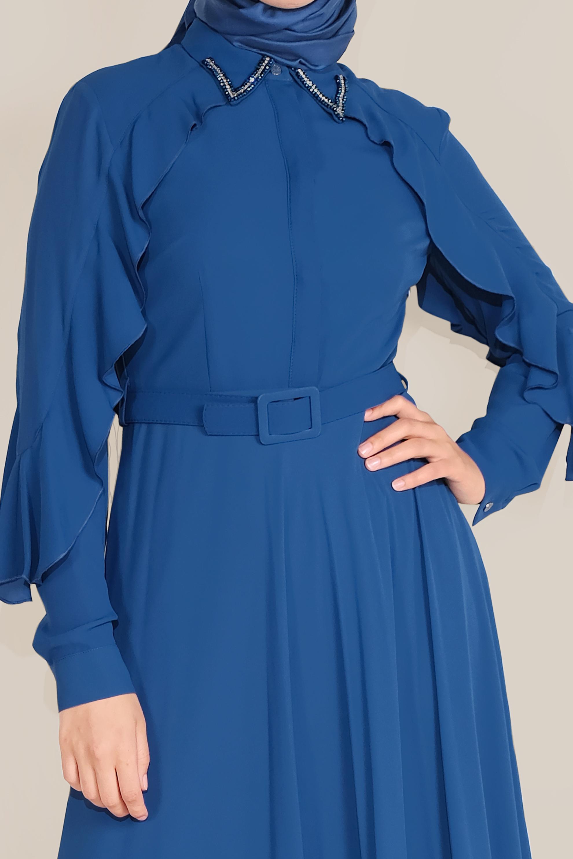 Tesettür giyim LACİVERT YAKASI BONCUK İŞLEMELİ ELBİSE 40649