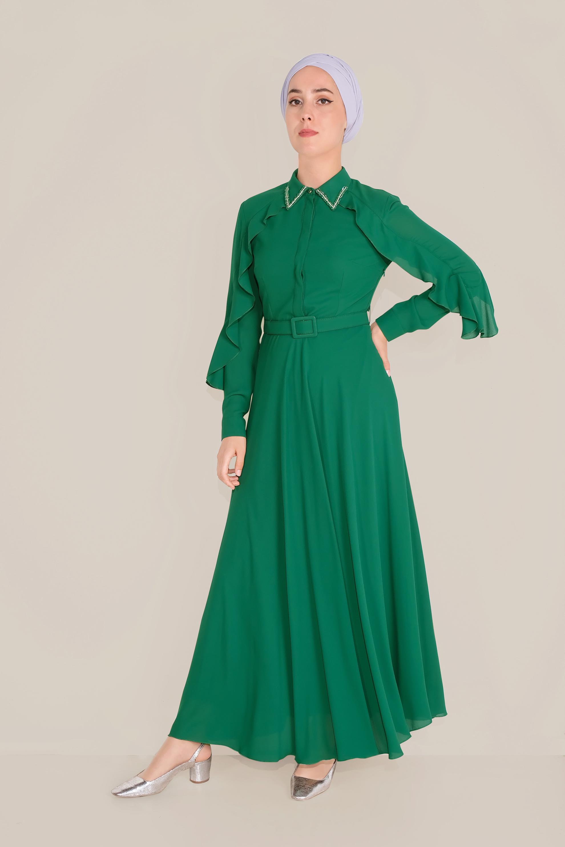 Tesettür giyim YEŞİL YAKASI BONCUK İŞLEMELİ ELBİSE 40649
