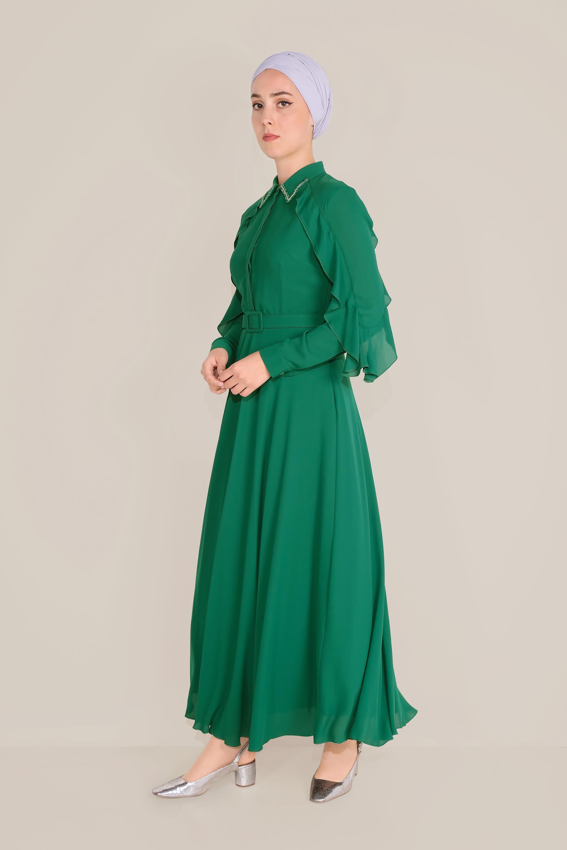 Tesettür giyim YEŞİL YAKASI BONCUK İŞLEMELİ ELBİSE 40649