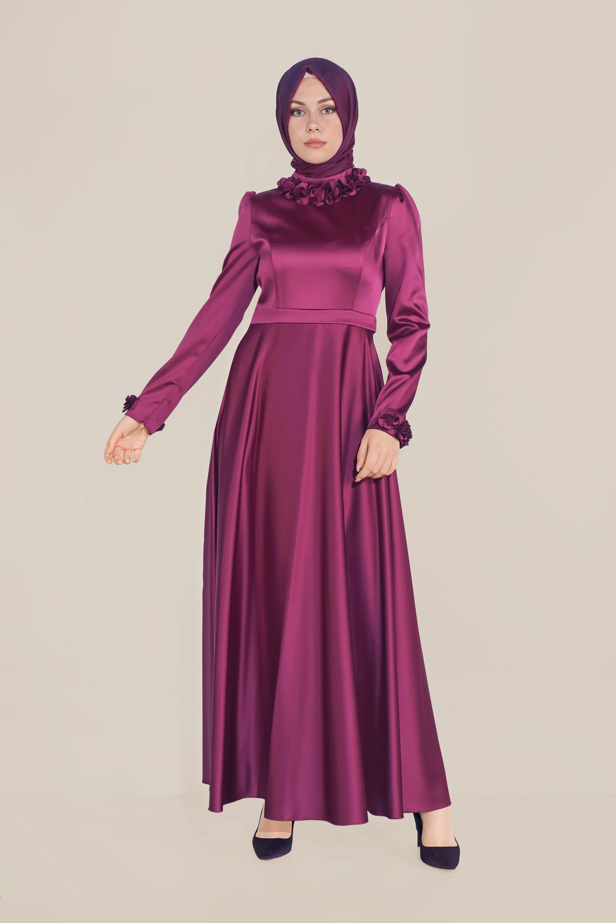 Tesettür giyim MOR YAKASI ÇİÇEK İŞLEMELİ ELBİSE 40677 