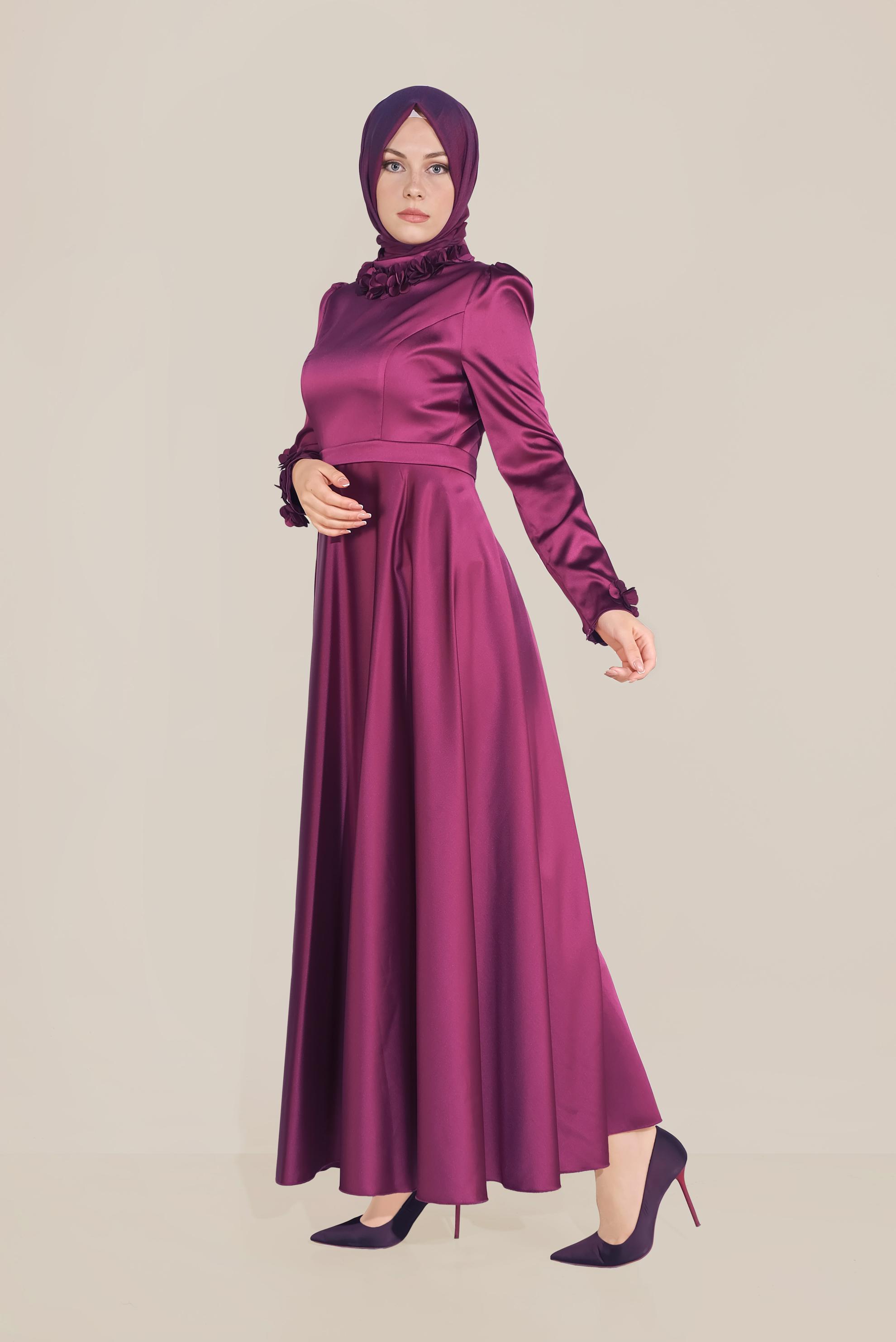 Tesettür giyim MOR YAKASI ÇİÇEK İŞLEMELİ ELBİSE 40677 