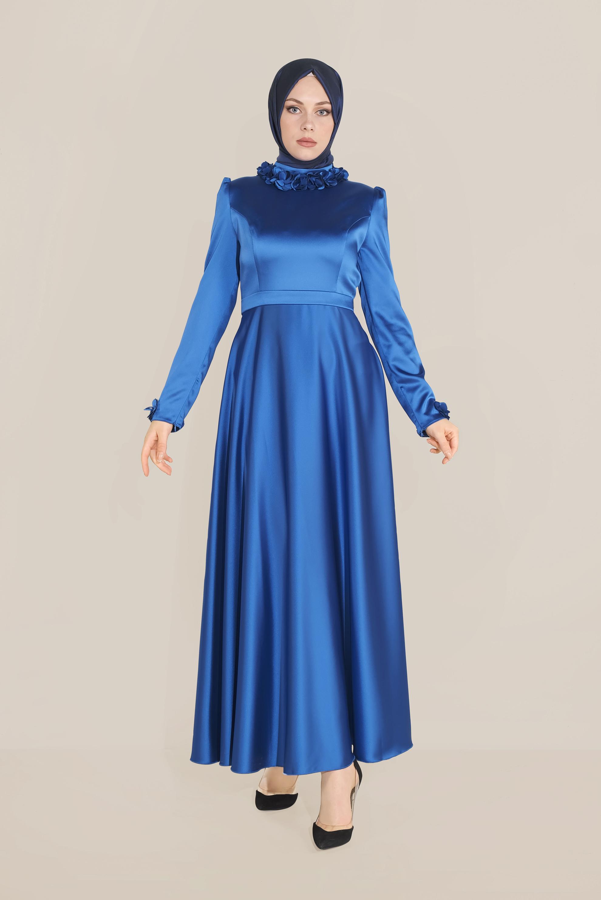 Tesettür giyim LACİVERT YAKASI ÇİÇEK İŞLEMELİ ELBİSE 40677 