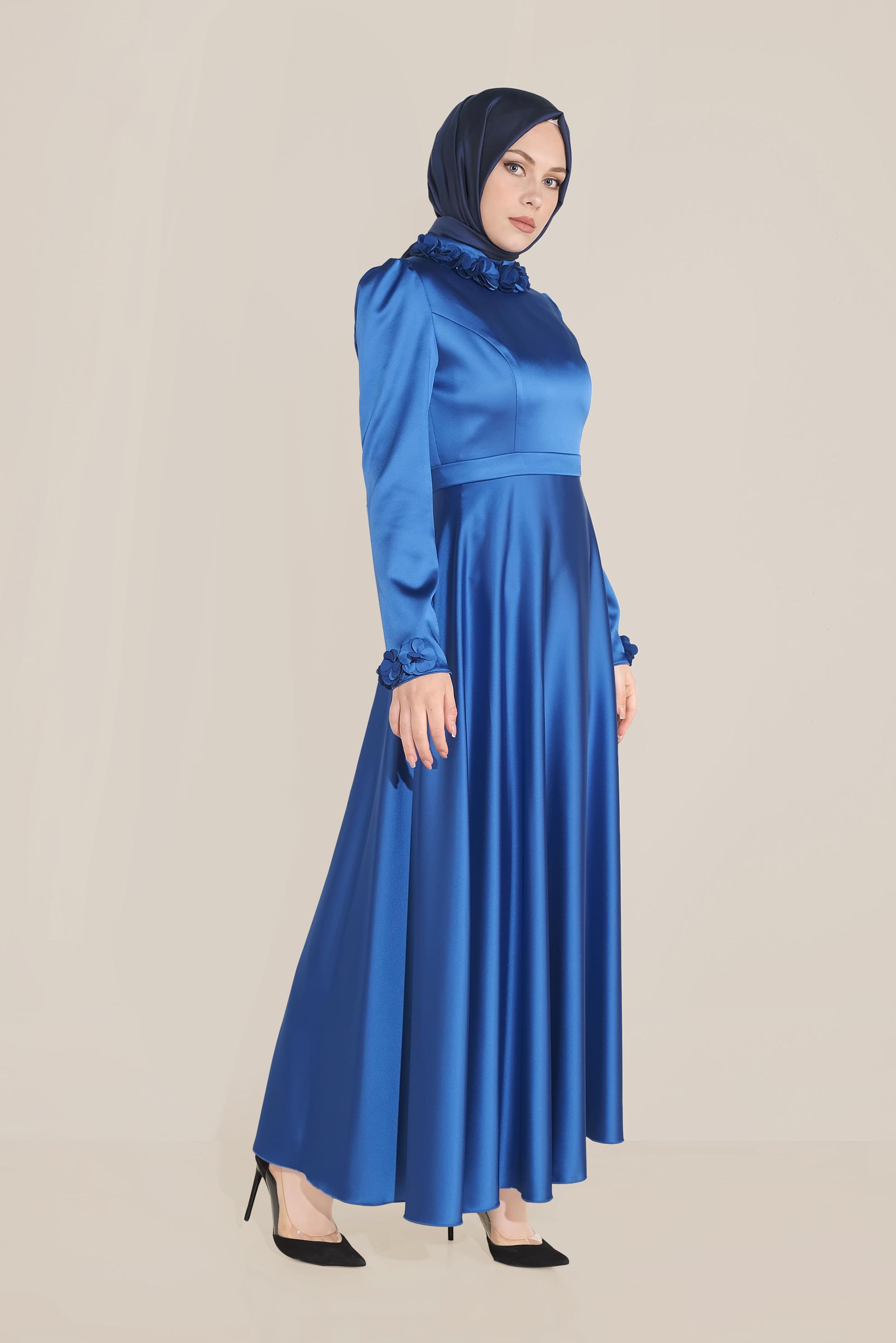 Tesettür giyim LACİVERT YAKASI ÇİÇEK İŞLEMELİ ELBİSE 40677 