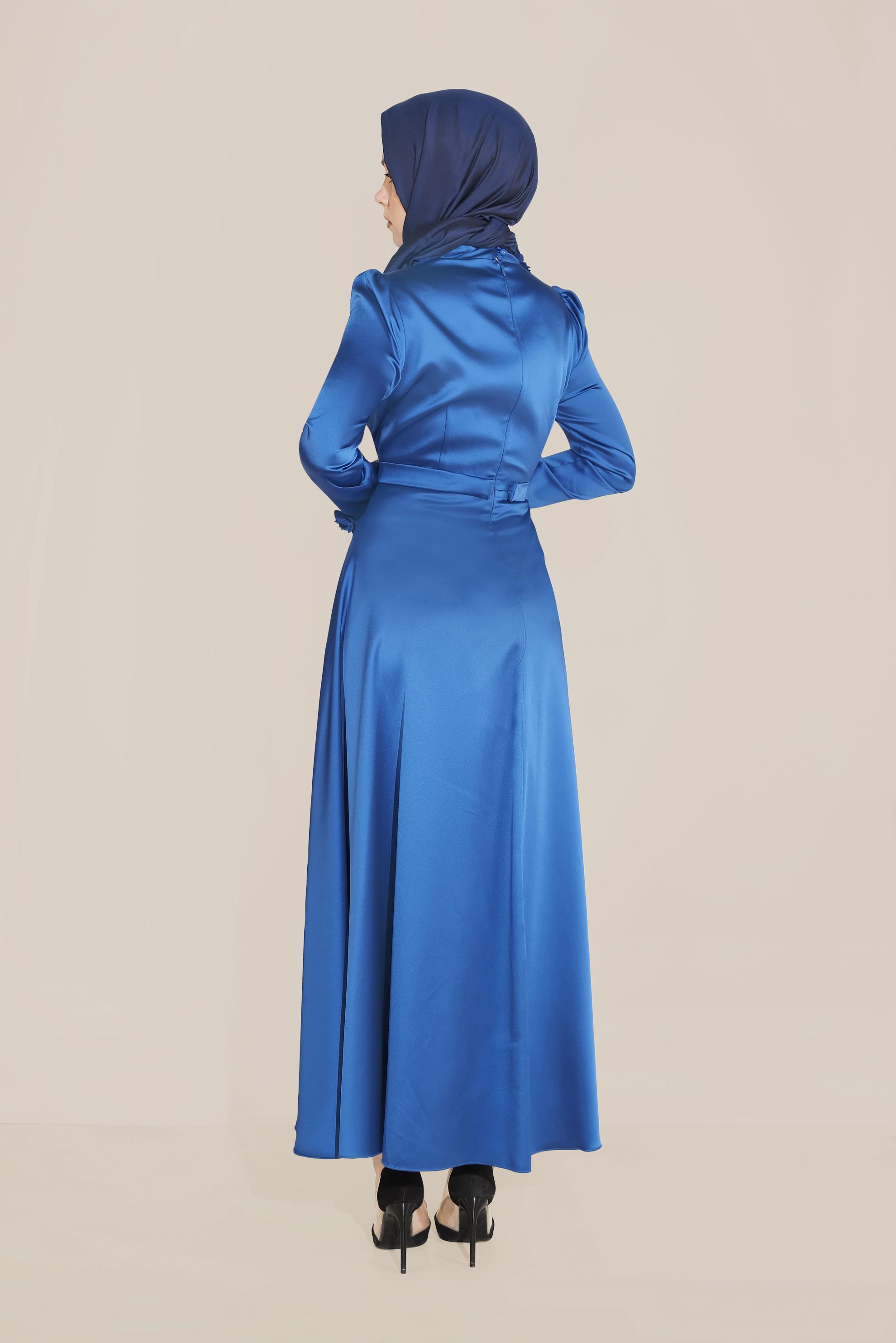 Tesettür giyim LACİVERT YAKASI ÇİÇEK İŞLEMELİ ELBİSE 40677 