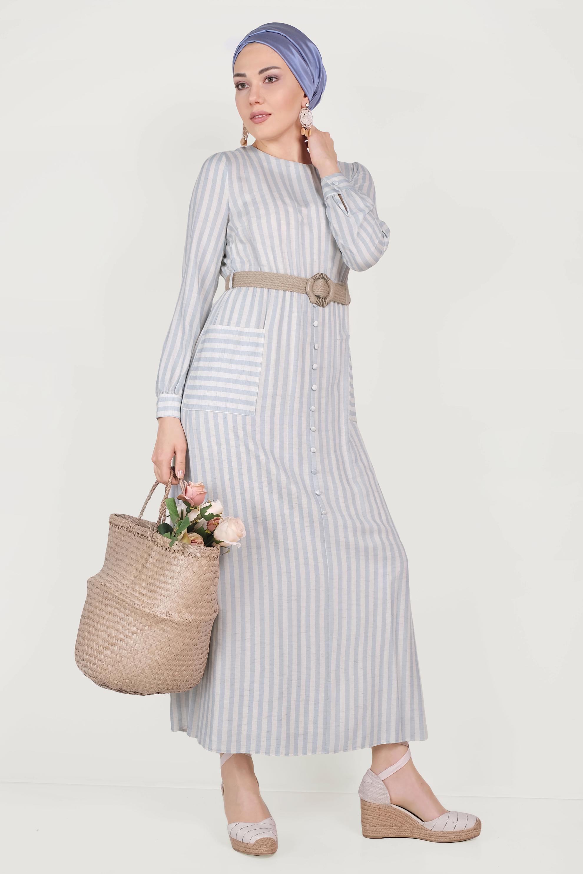 Tesettür giyim MAVİ CEP DETAYLI ÇİZGİLİ ELBİSE 40704 