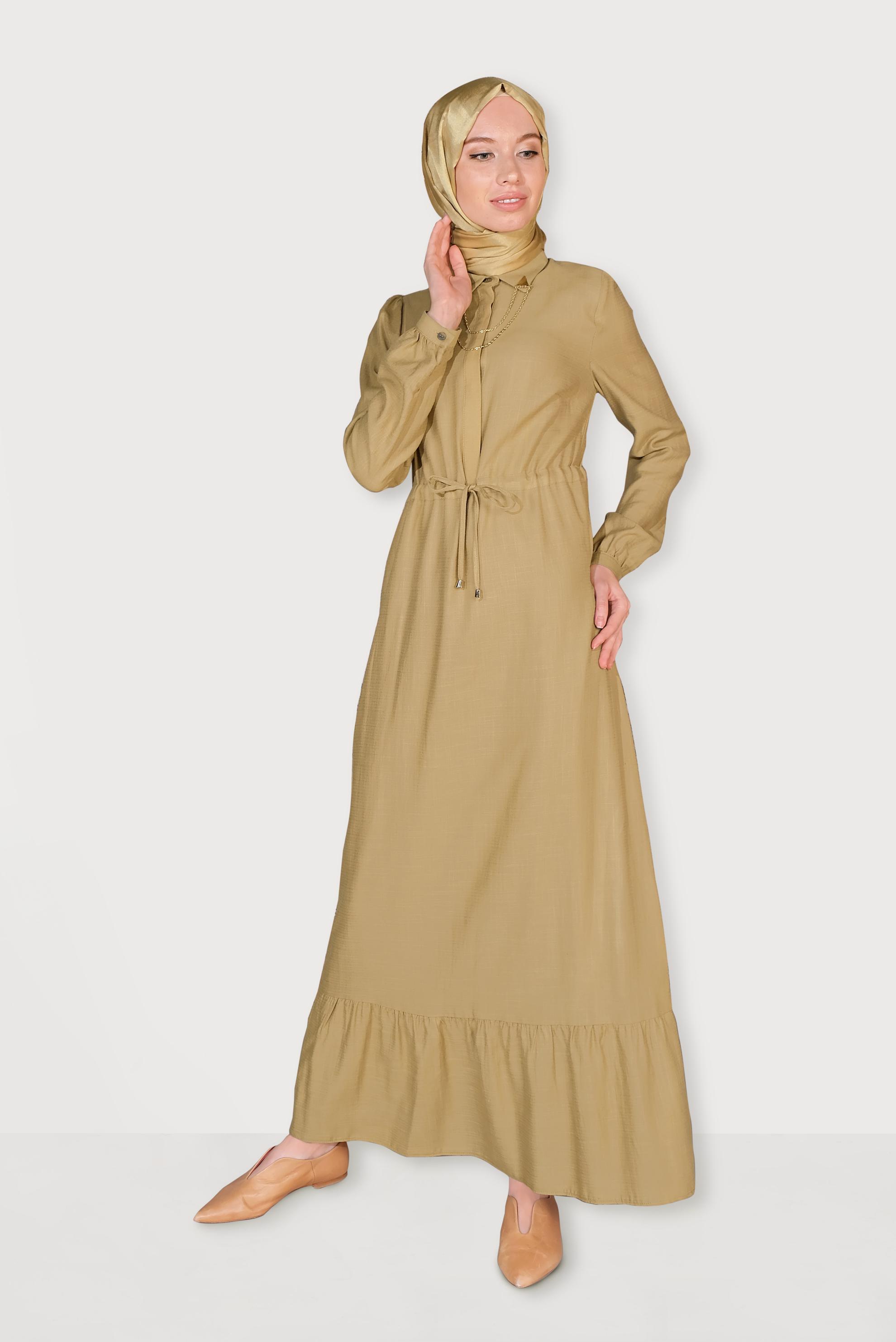 Tesettür giyim KAHVE YAKA DETAYLI BELDEN BAĞLAMALI VOLANLI ELBİSE 40711
