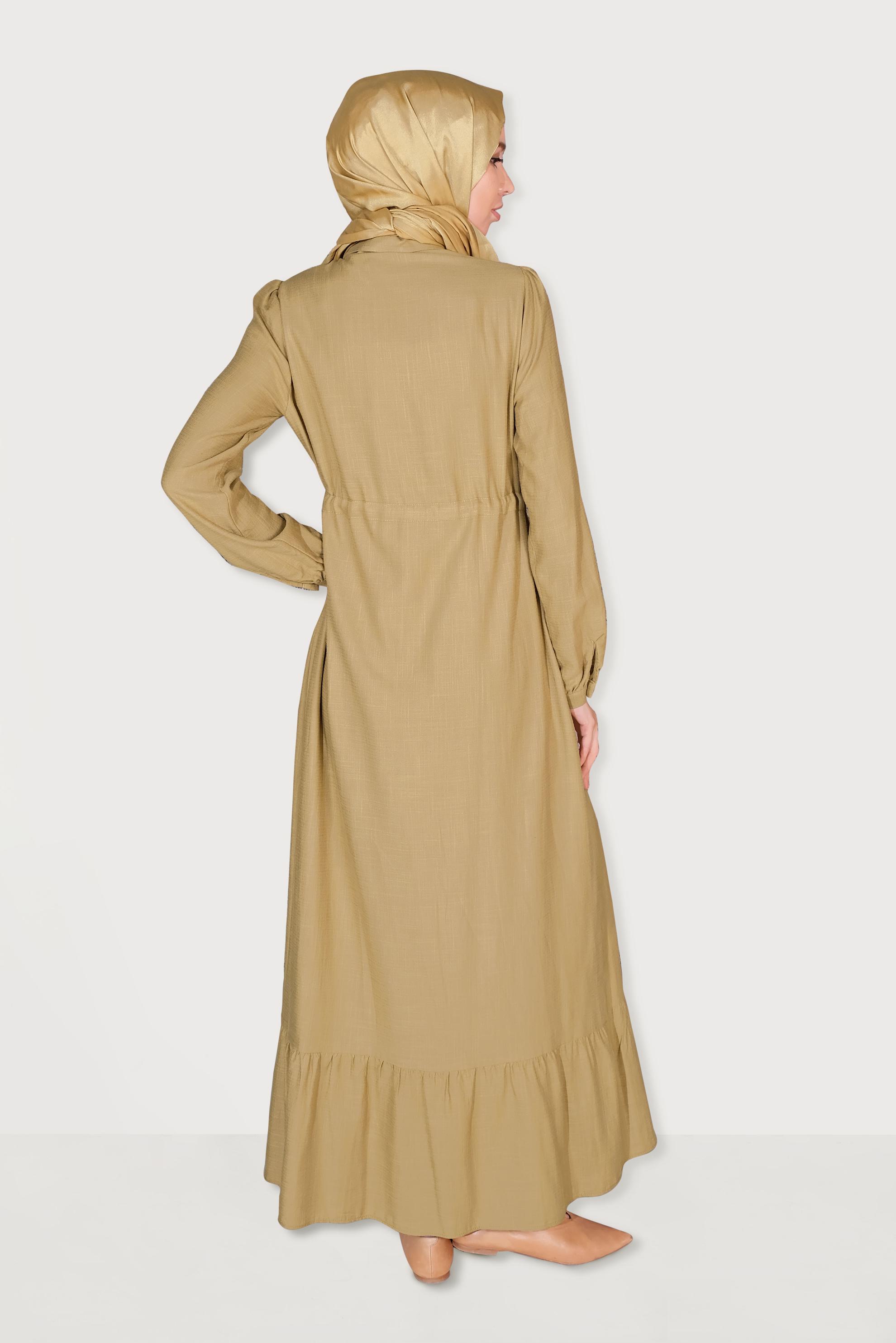 Tesettür giyim KAHVE YAKA DETAYLI BELDEN BAĞLAMALI VOLANLI ELBİSE 40711