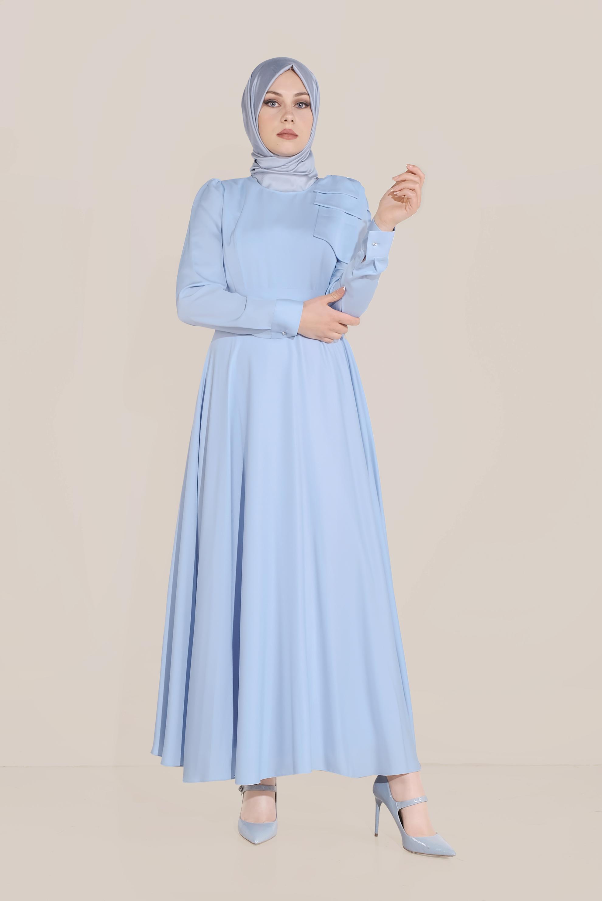 Tesettür giyim MAVİ OMUZ DETAYLI YÜKSEK BEL ELBİSE 40735