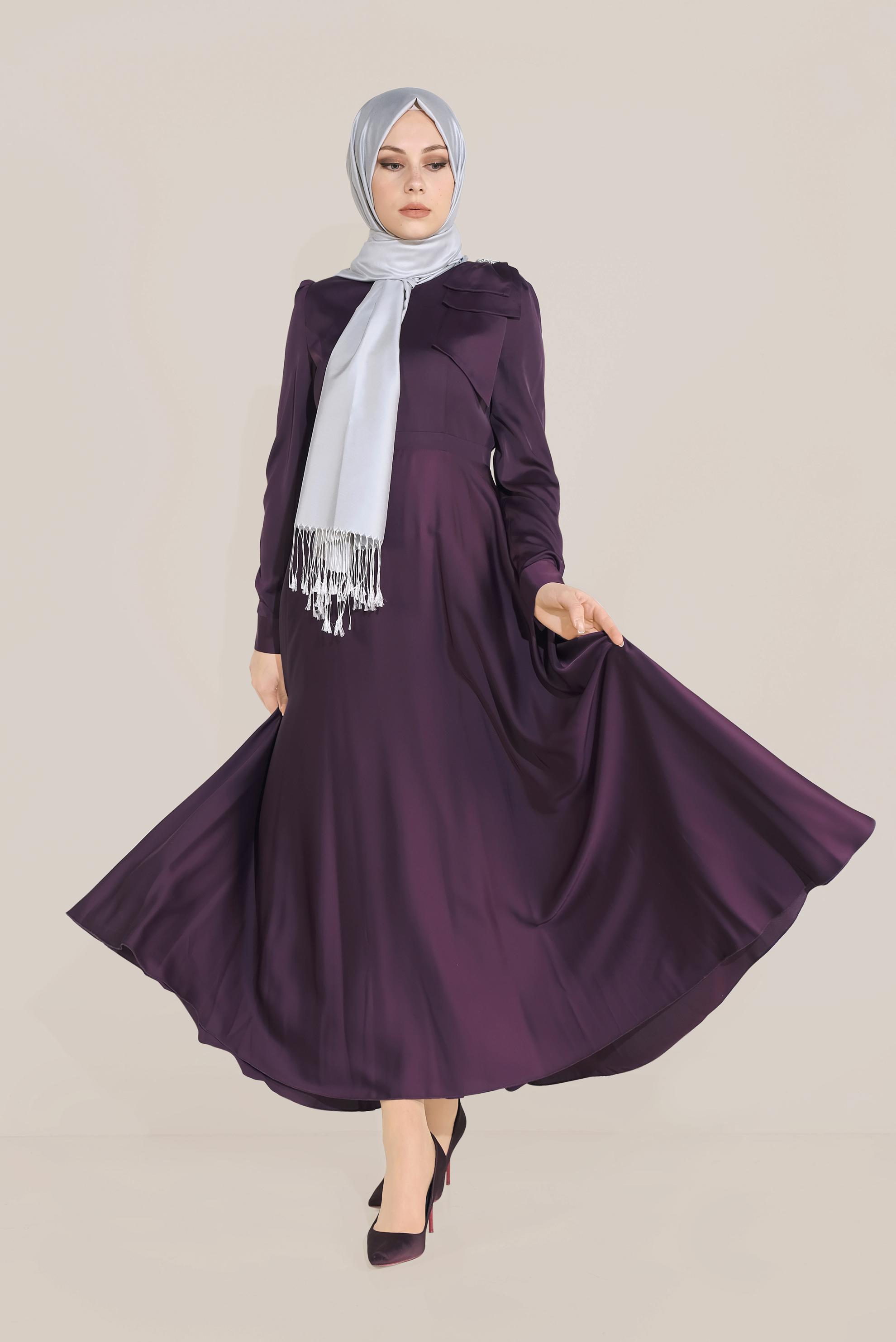 Tesettür giyim MOR OMUZ DETAYLI YÜKSEK BEL ELBİSE 40735