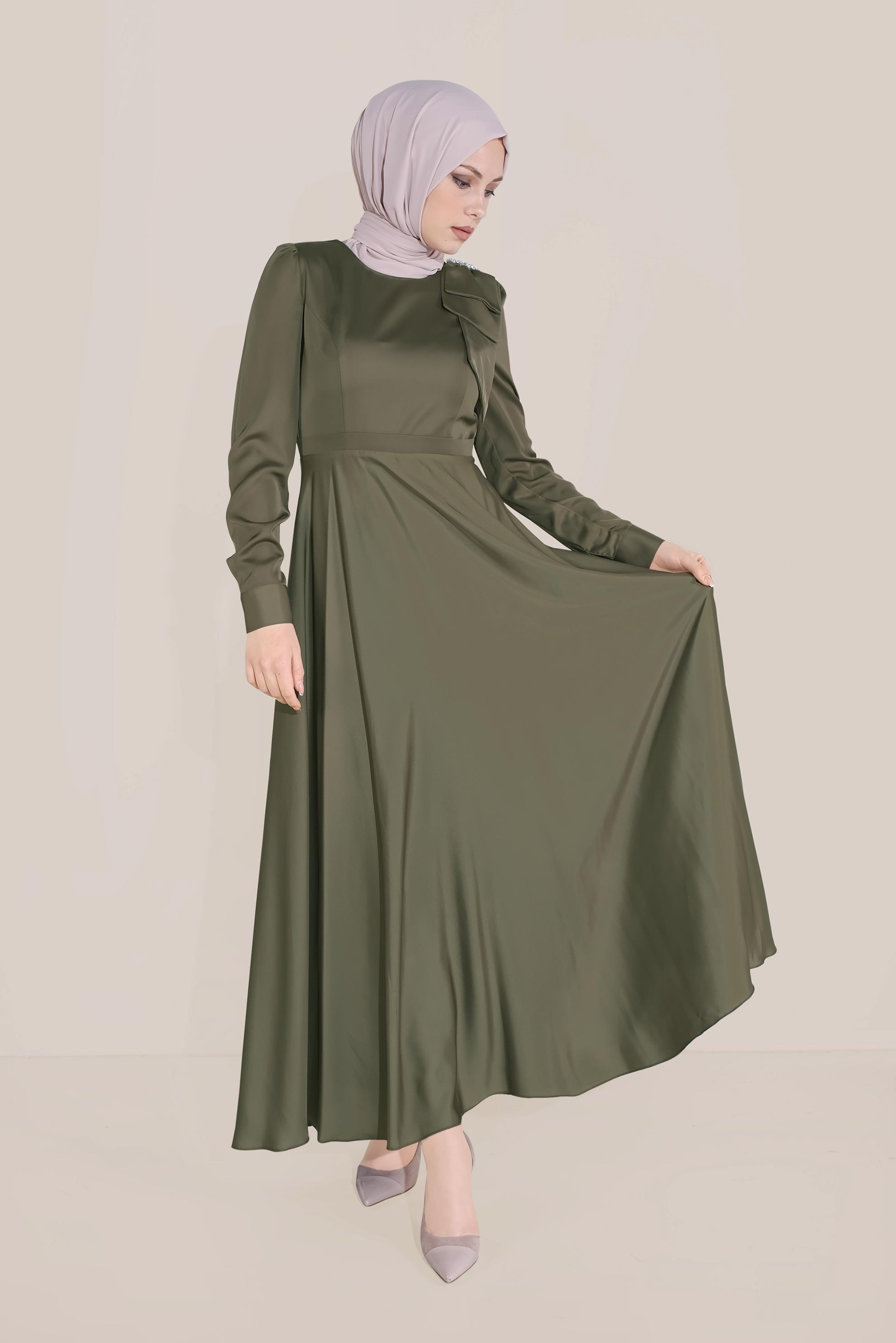 Tesettür giyim HAKİ OMUZ DETAYLI YÜKSEK BEL ELBİSE 40735