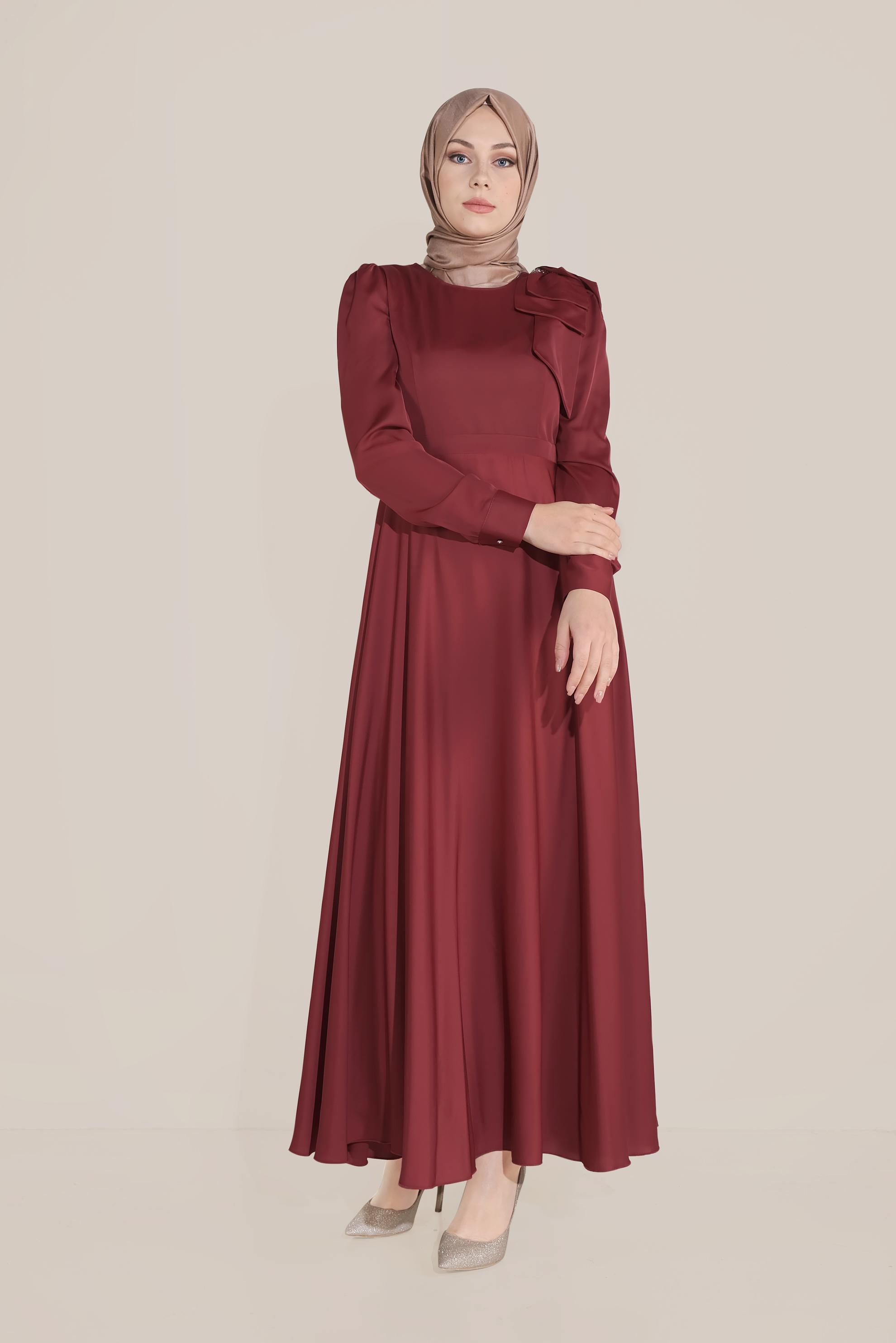Tesettür giyim KIRMIZI OMUZ DETAYLI YÜKSEK BEL ELBİSE 40735