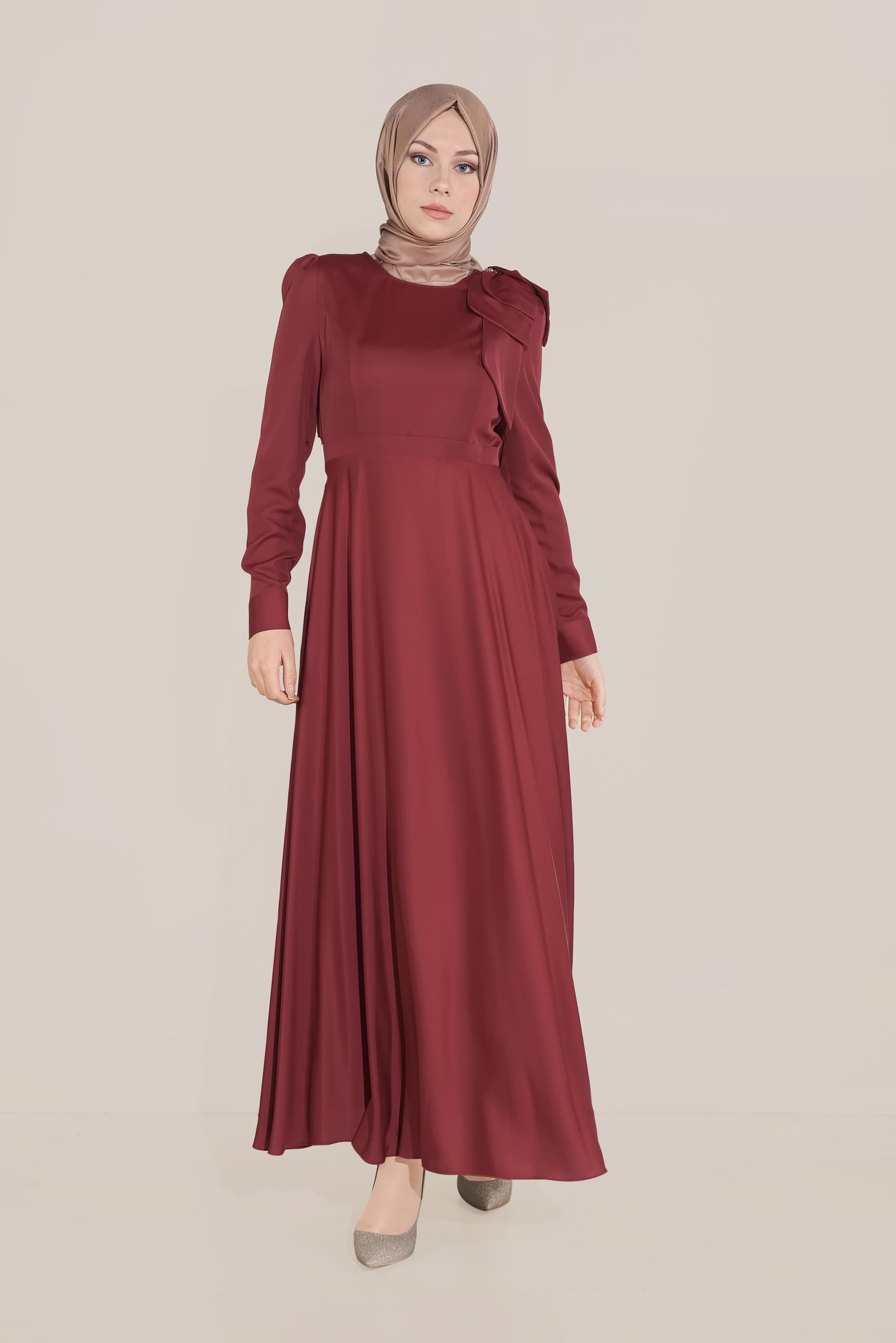 Tesettür giyim KIRMIZI OMUZ DETAYLI YÜKSEK BEL ELBİSE 40735