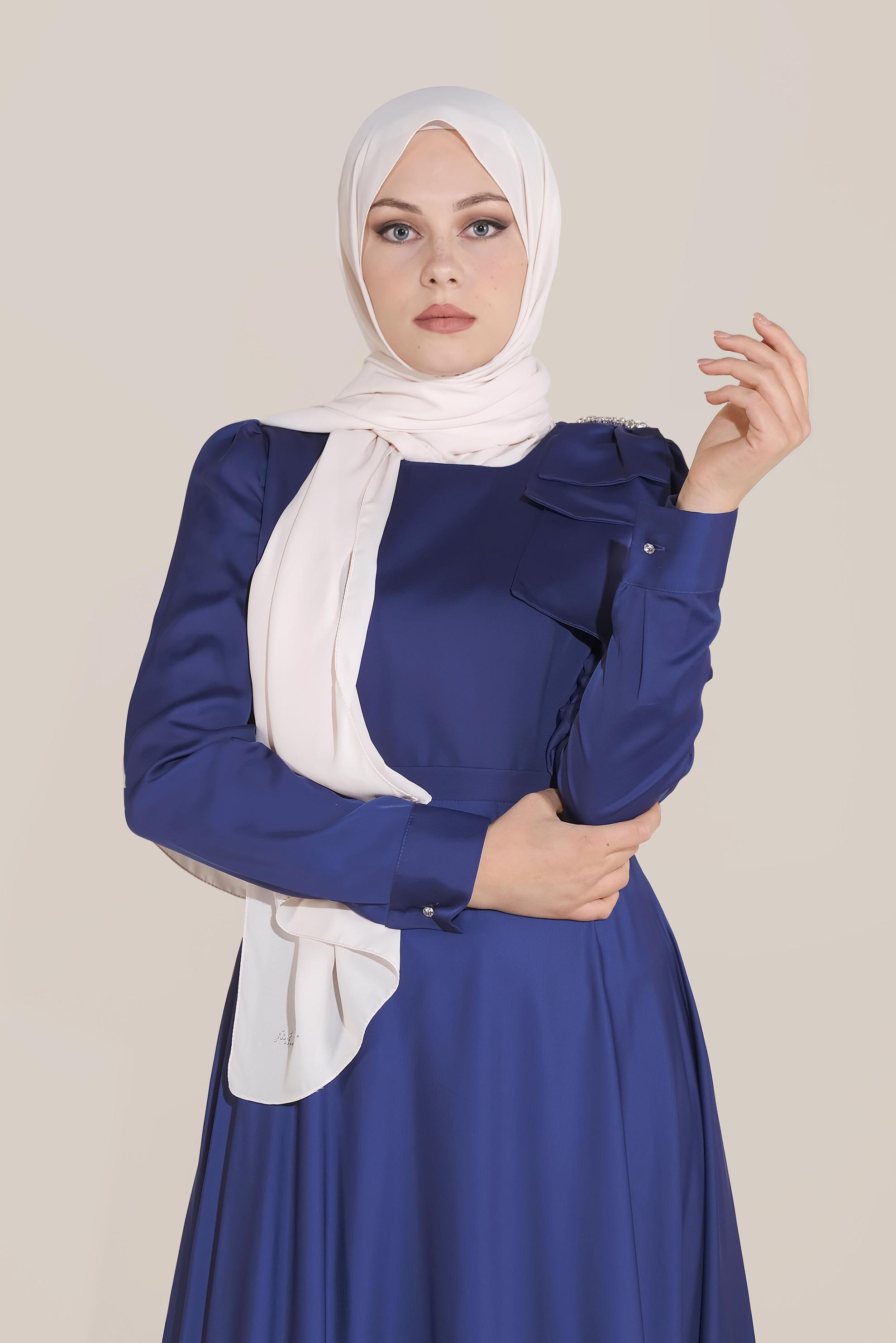 Tesettür giyim LACİVERT OMUZ DETAYLI YÜKSEK BEL ELBİSE 40735