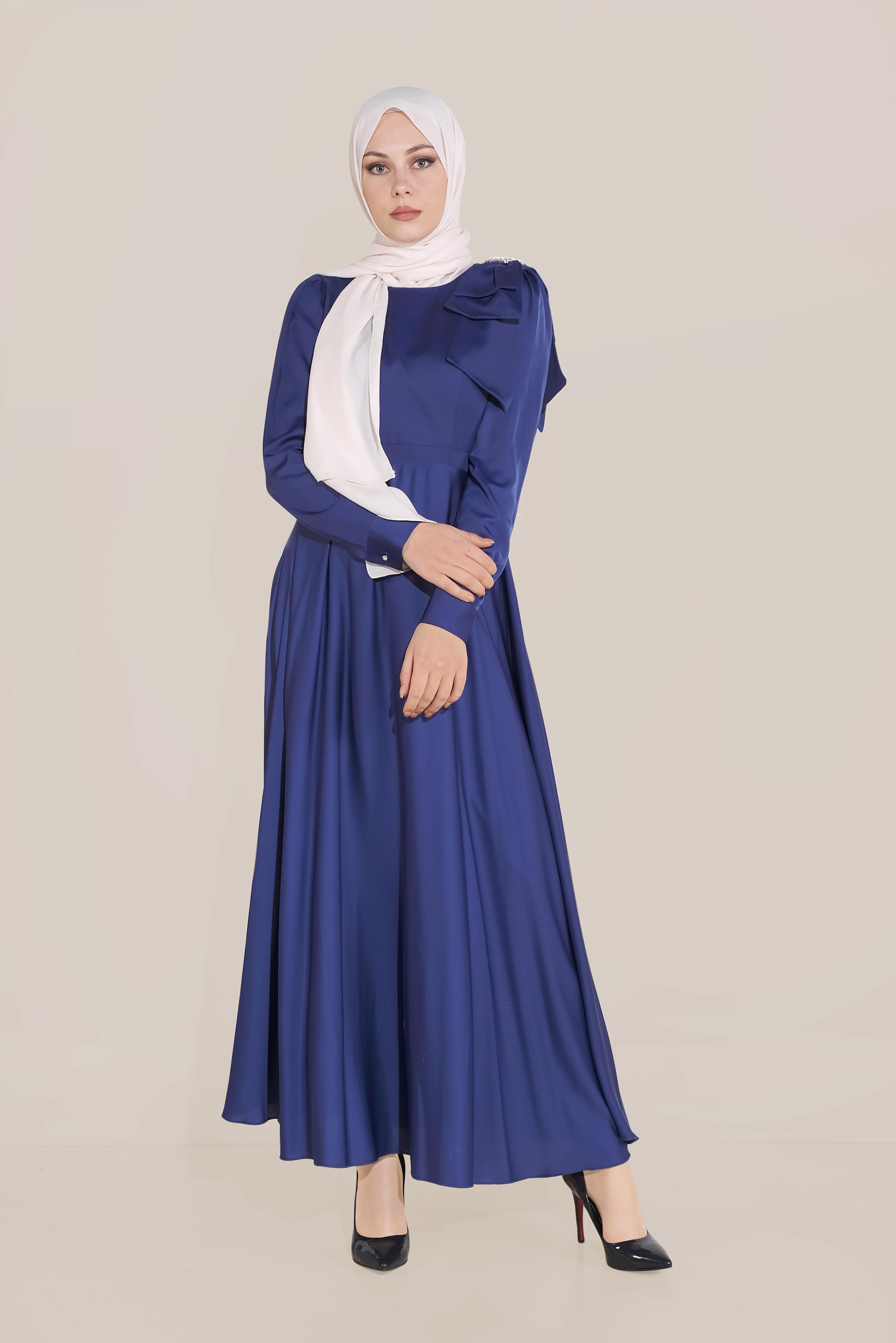Tesettür giyim LACİVERT OMUZ DETAYLI YÜKSEK BEL ELBİSE 40735