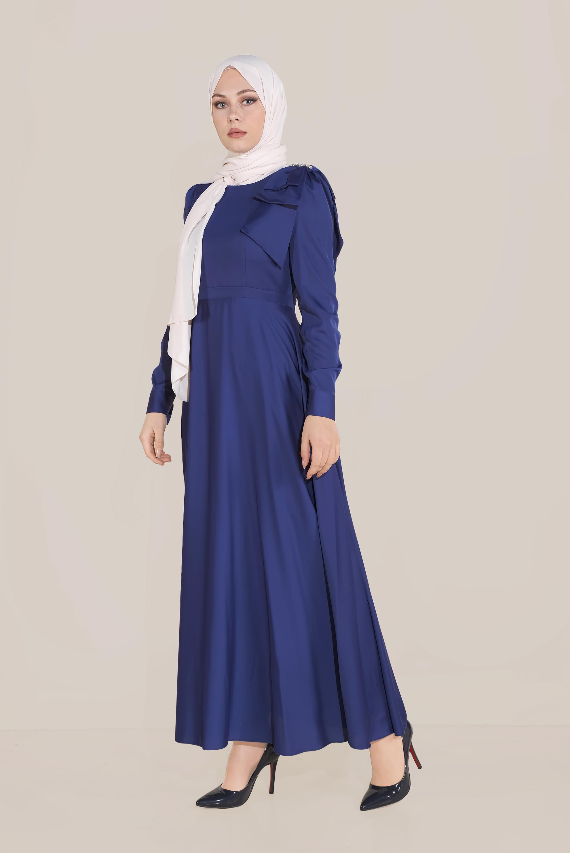 Tesettür giyim LACİVERT OMUZ DETAYLI YÜKSEK BEL ELBİSE 40735