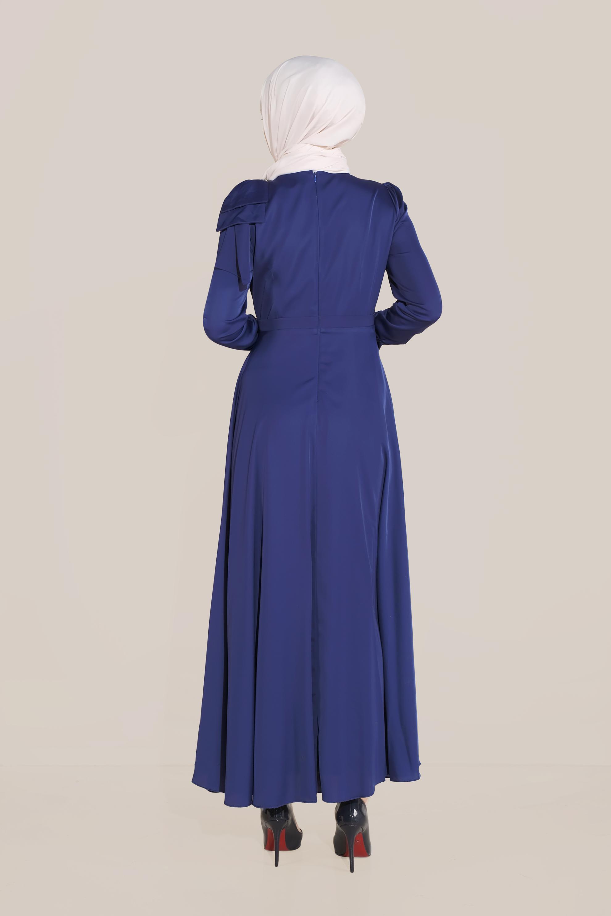 Tesettür giyim LACİVERT OMUZ DETAYLI YÜKSEK BEL ELBİSE 40735