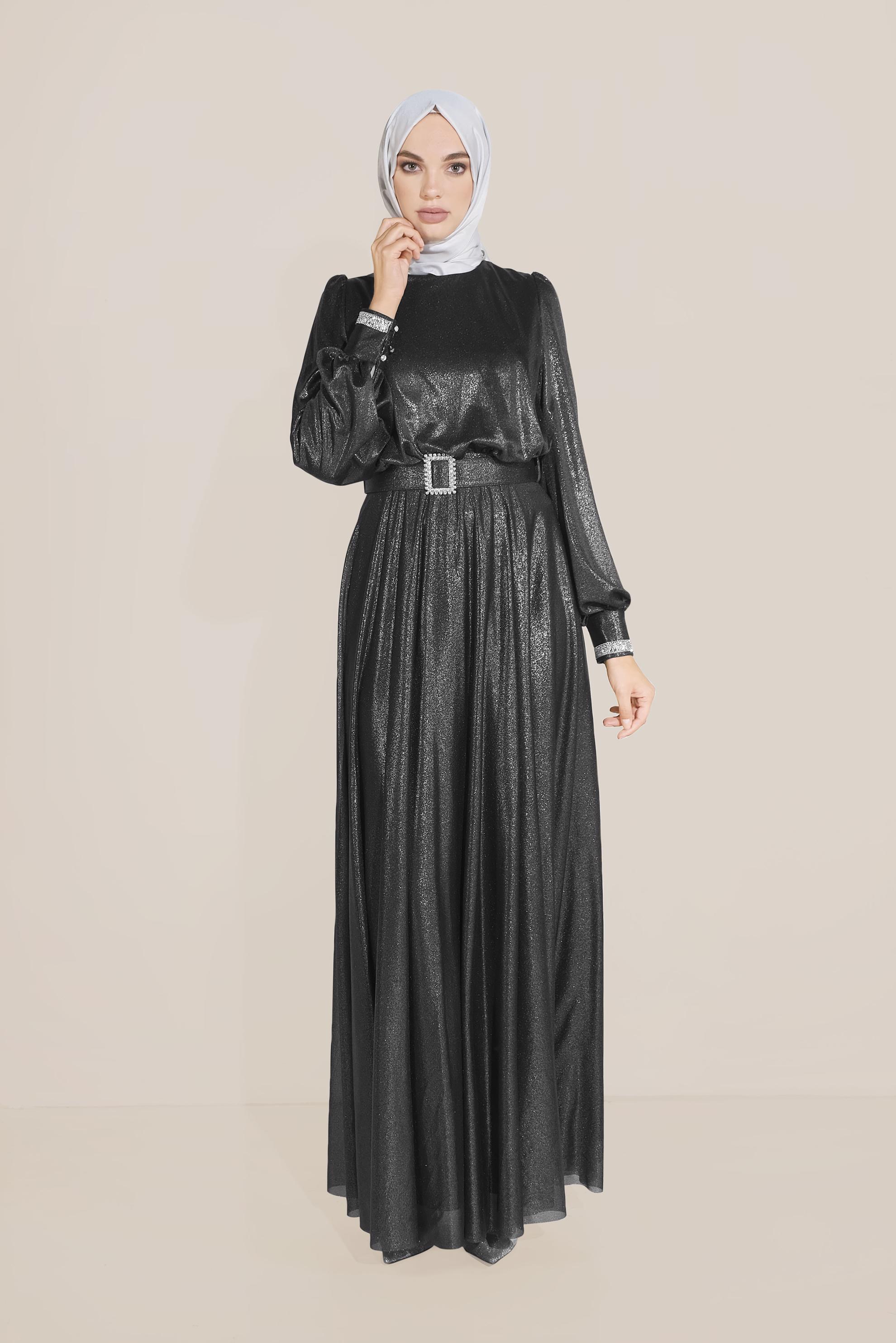 Tesettür giyim SİYAH PARLAK KUMAŞ KEMERLİ ELBİSE 40736
