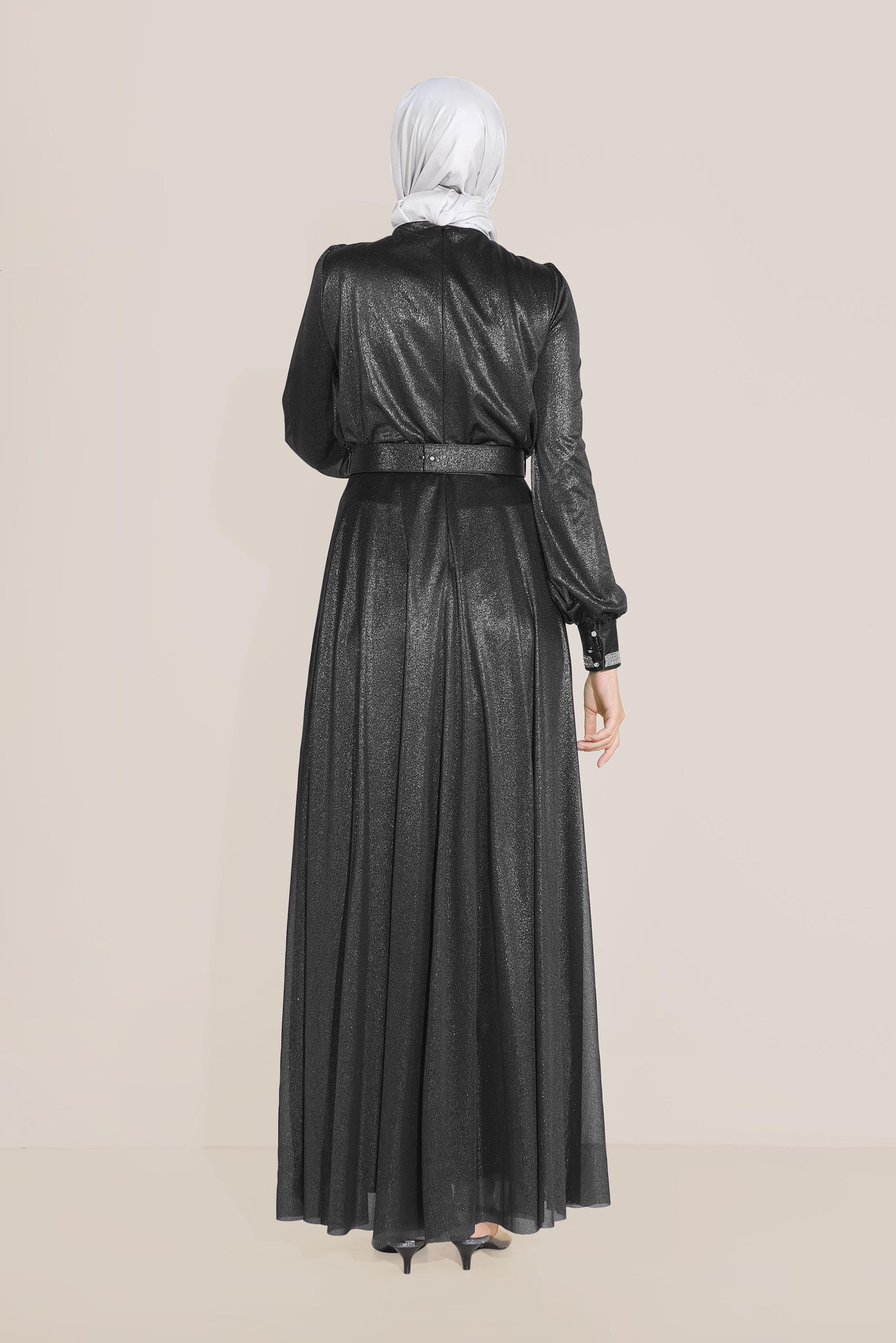 Tesettür giyim SİYAH PARLAK KUMAŞ KEMERLİ ELBİSE 40736
