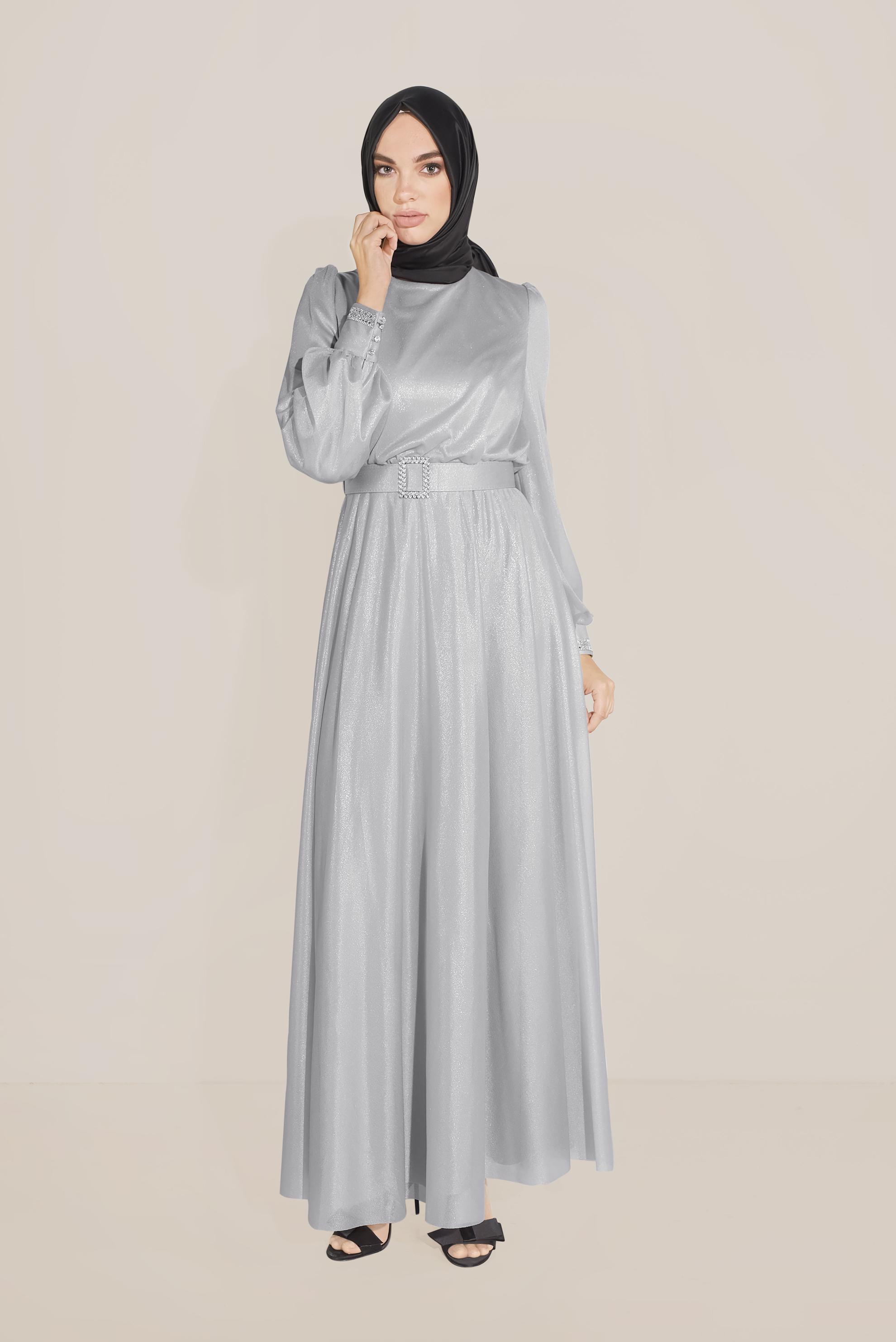 Tesettür giyim GRİ PARLAK KUMAŞ KEMERLİ ELBİSE 40736