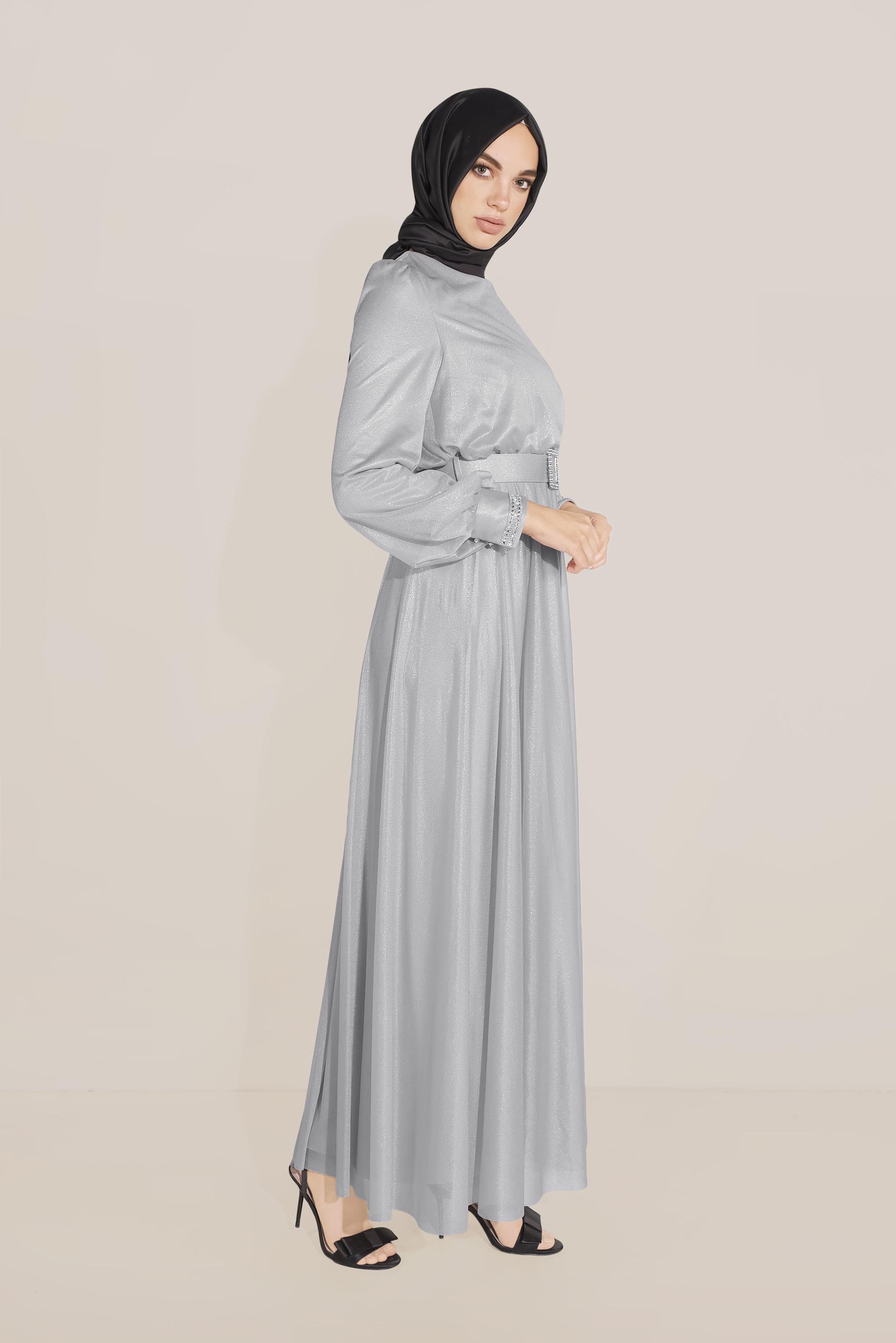 Tesettür giyim GRİ PARLAK KUMAŞ KEMERLİ ELBİSE 40736