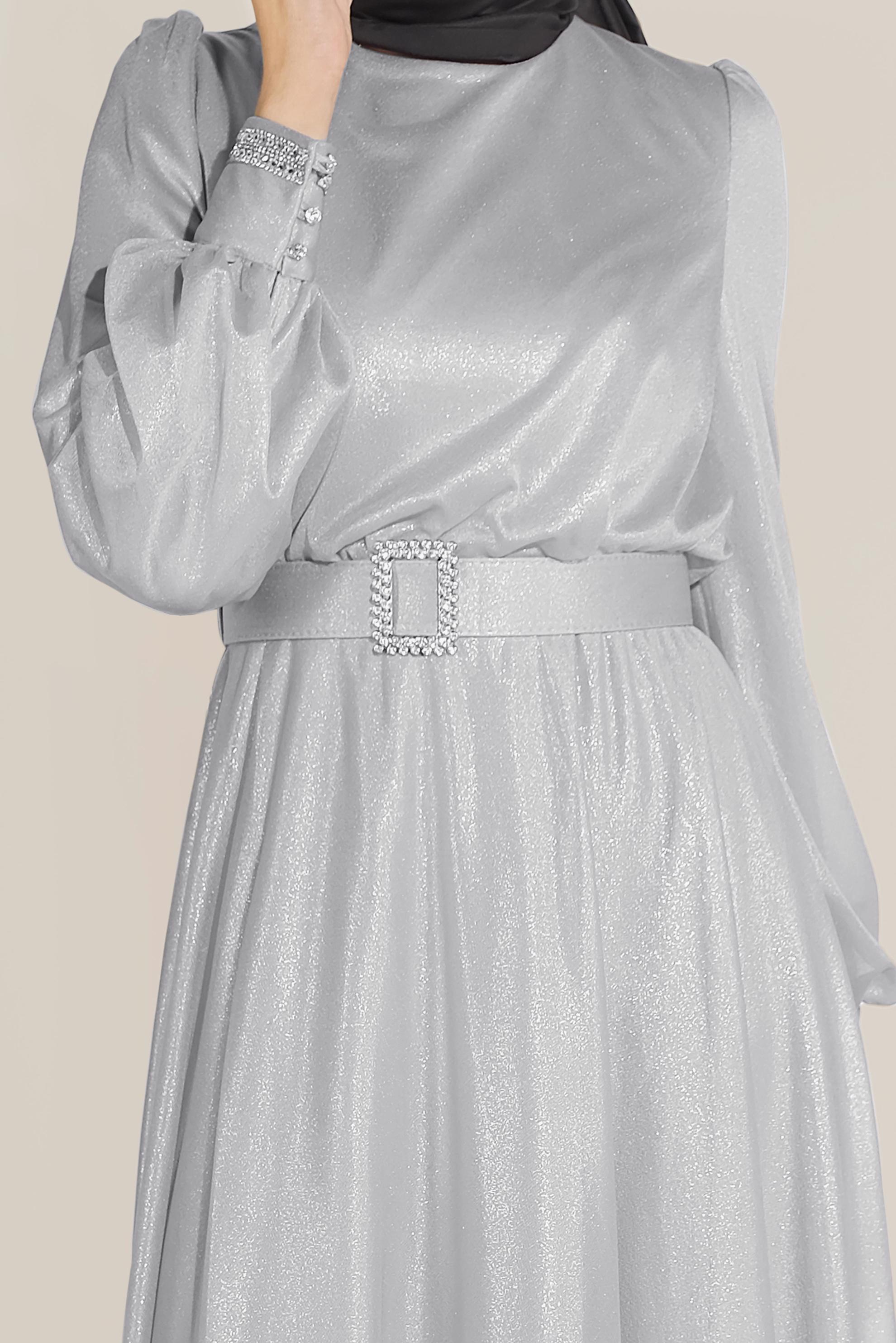 Tesettür giyim GRİ PARLAK KUMAŞ KEMERLİ ELBİSE 40736