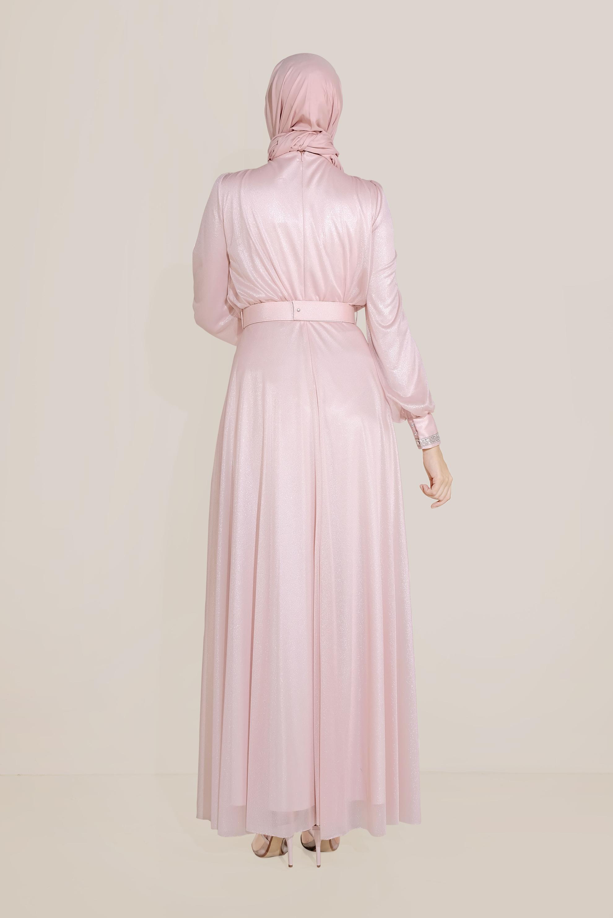 Tesettür giyim PUDRA PARLAK KUMAŞ KEMERLİ ELBİSE 40736