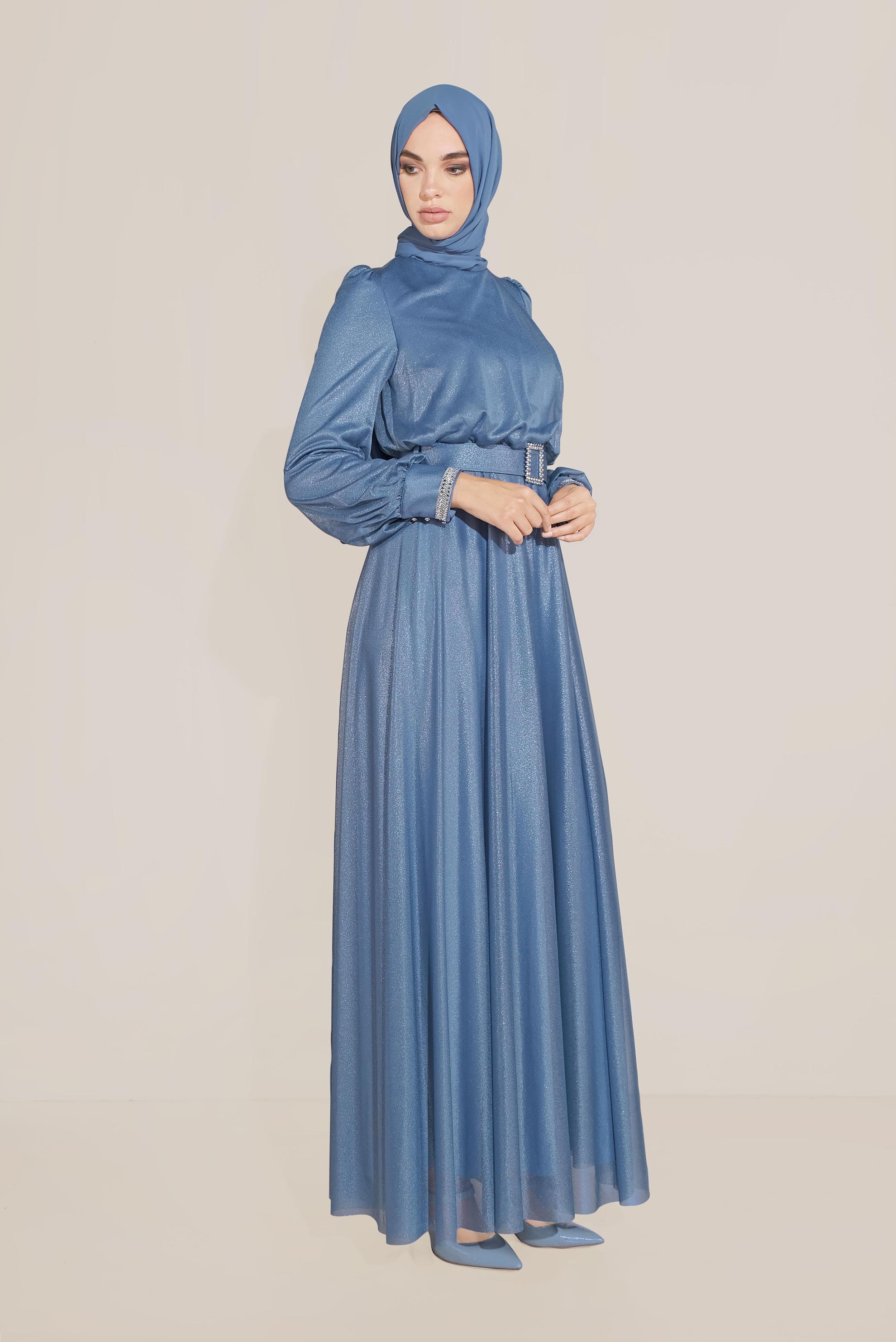 Tesettür giyim LACİVERT PARLAK KUMAŞ KEMERLİ ELBİSE 40736
