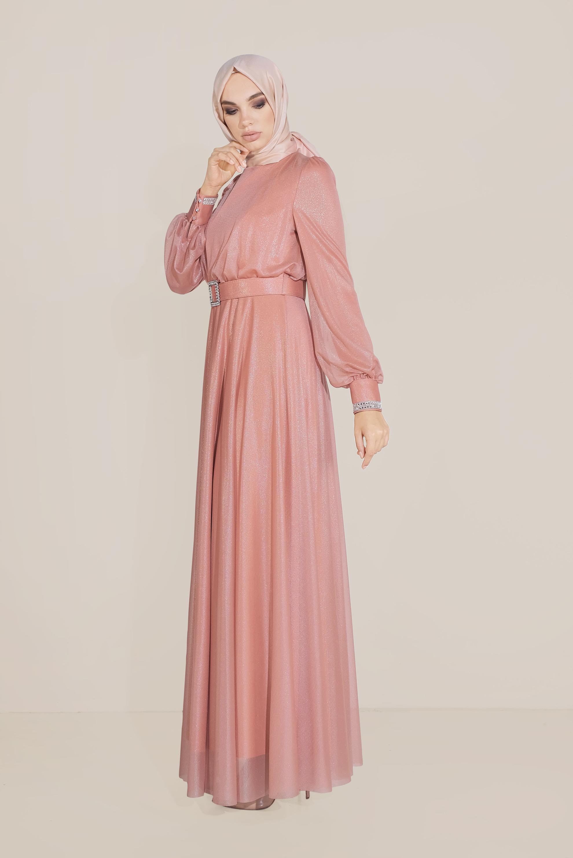 Tesettür giyim PUDRA PARLAK KUMAŞ KEMERLİ ELBİSE 40736