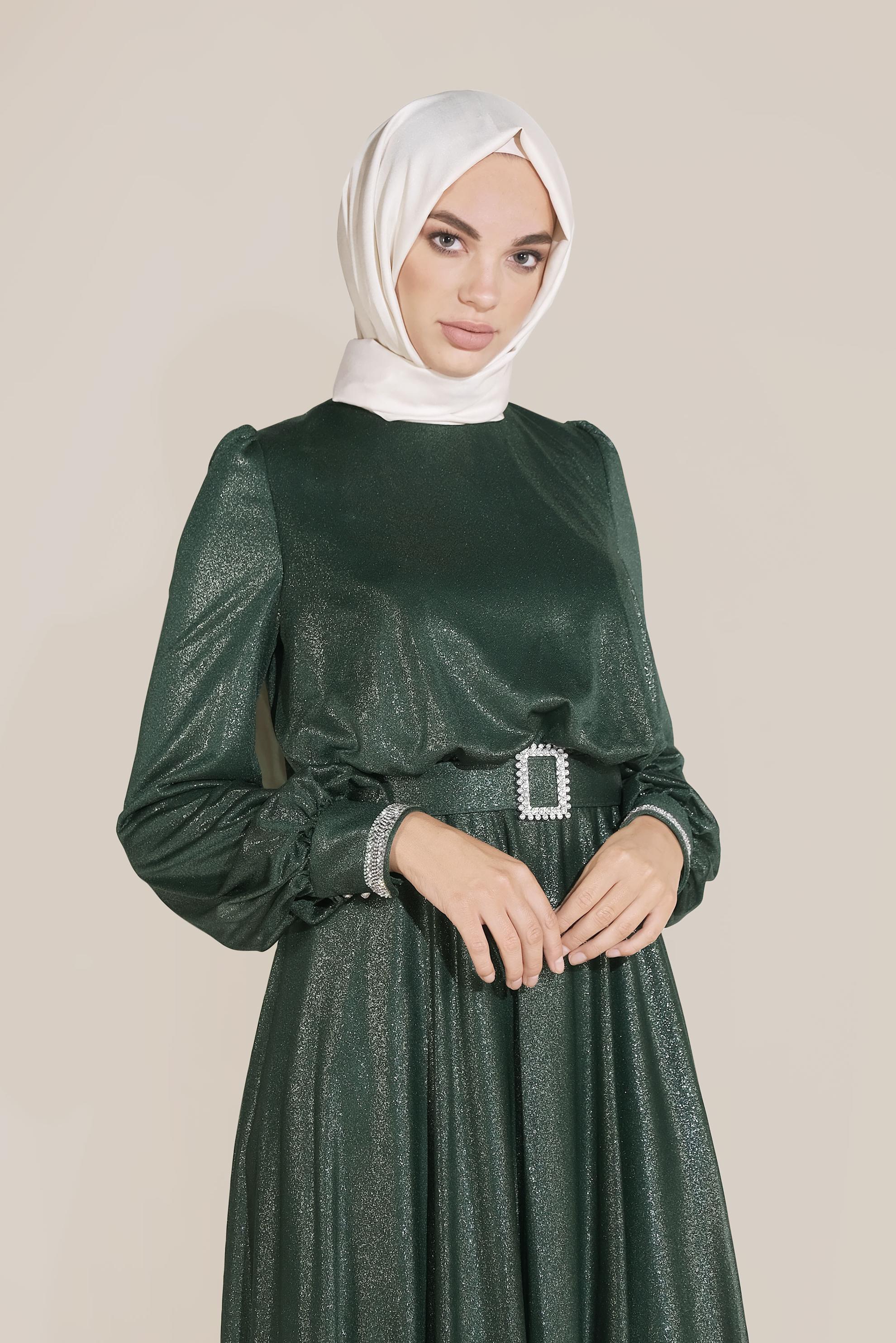 Tesettür giyim YEŞİL PARLAK KUMAŞ KEMERLİ ELBİSE 40736