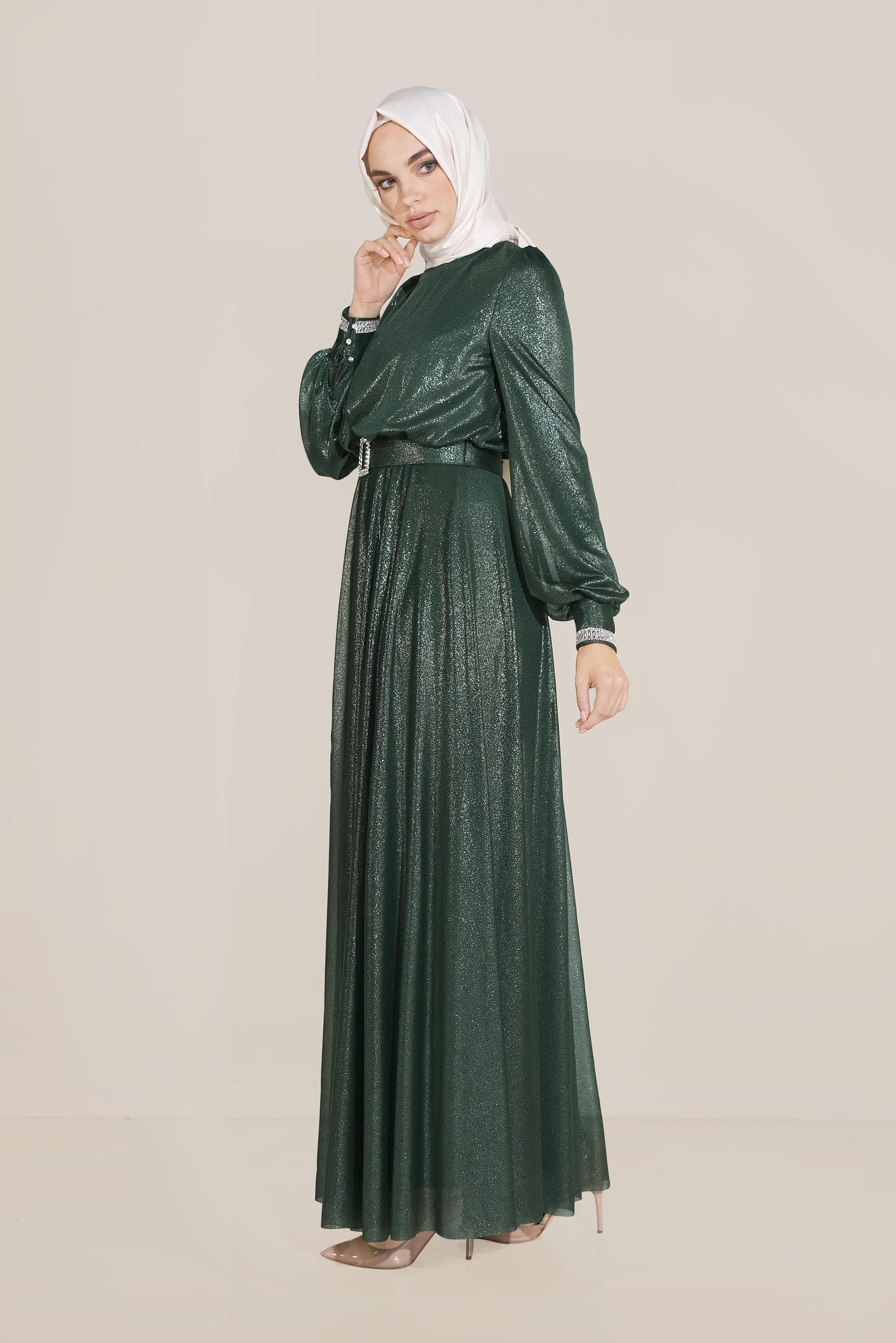 Tesettür giyim YEŞİL PARLAK KUMAŞ KEMERLİ ELBİSE 40736