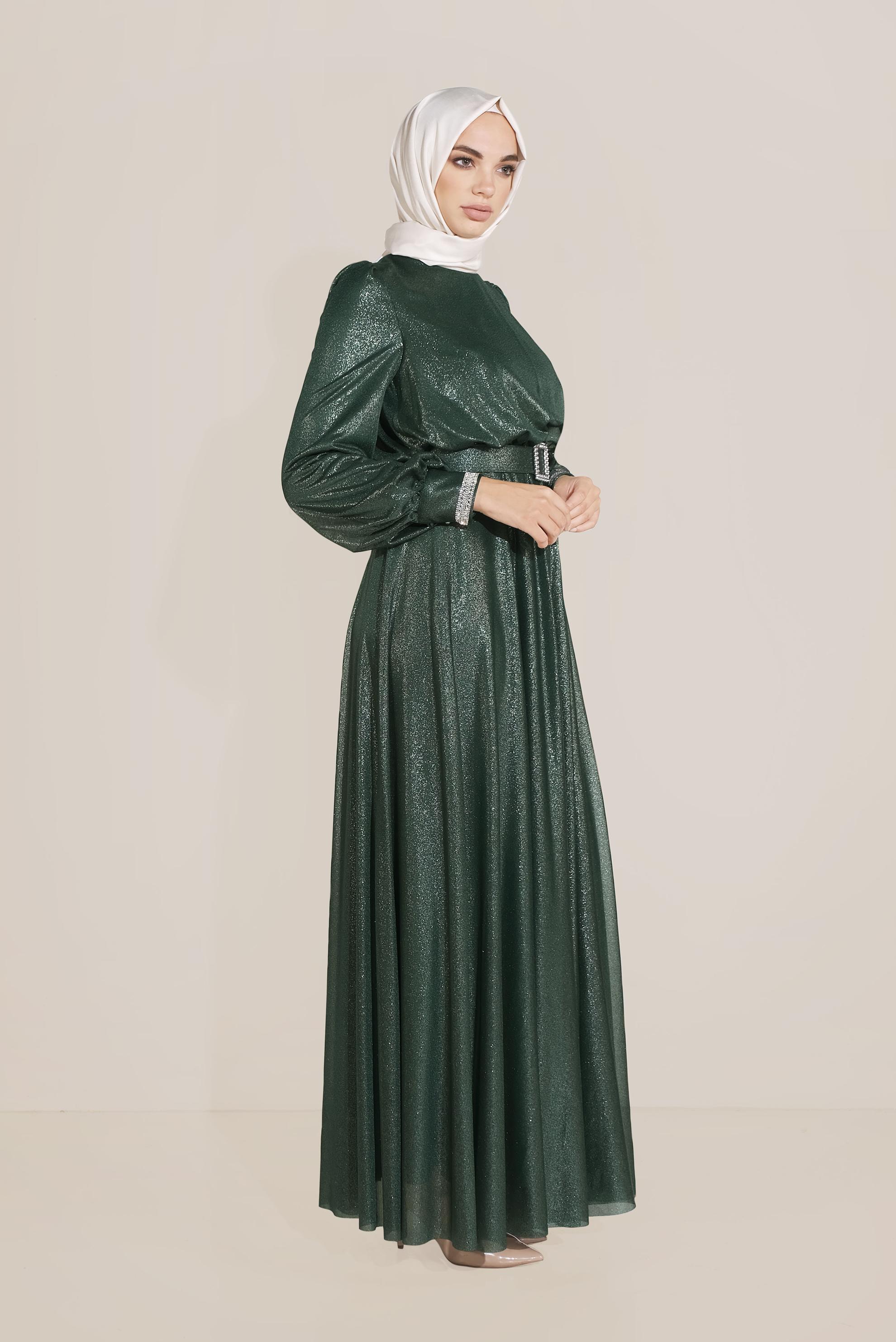 Tesettür giyim YEŞİL PARLAK KUMAŞ KEMERLİ ELBİSE 40736