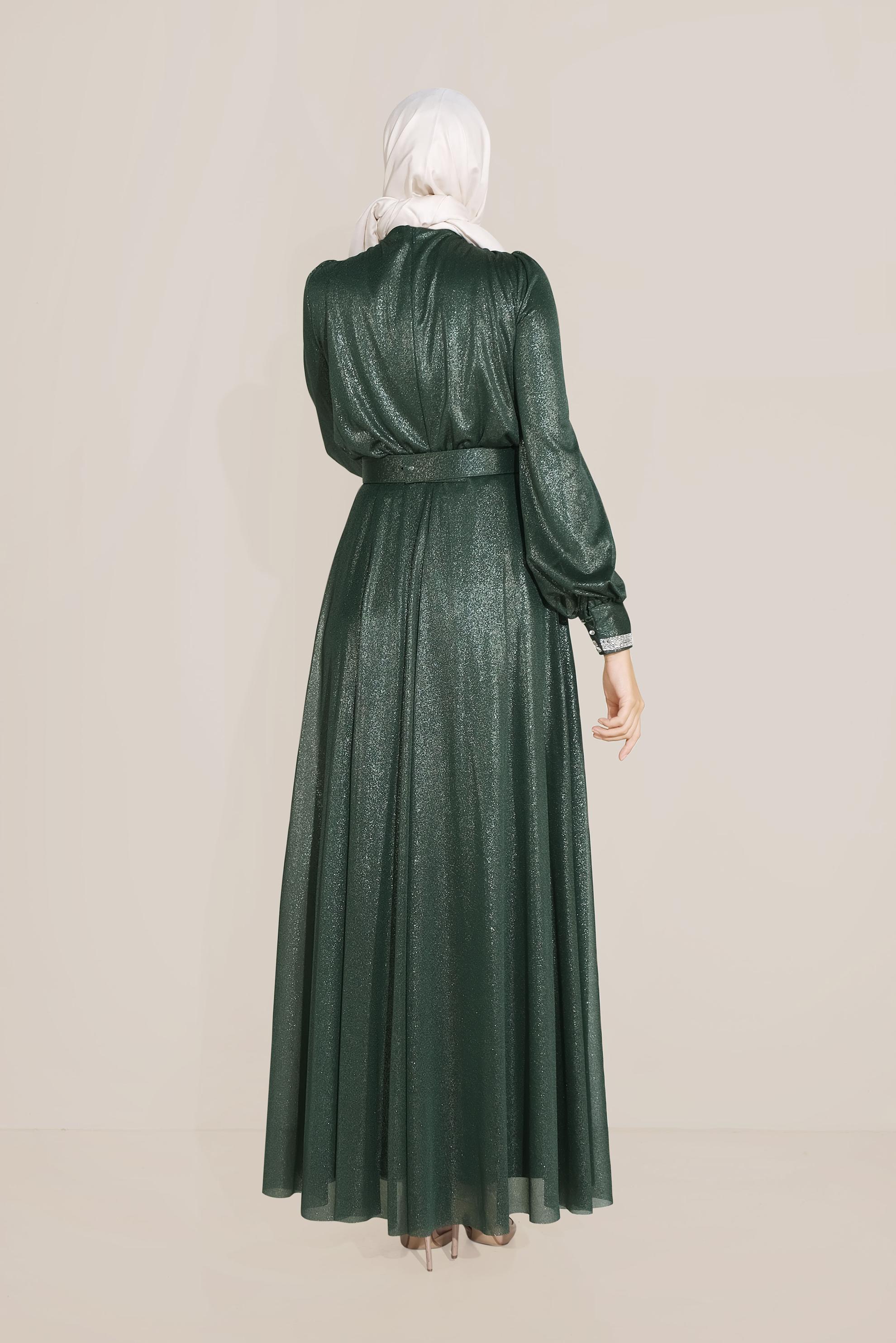Tesettür giyim YEŞİL PARLAK KUMAŞ KEMERLİ ELBİSE 40736