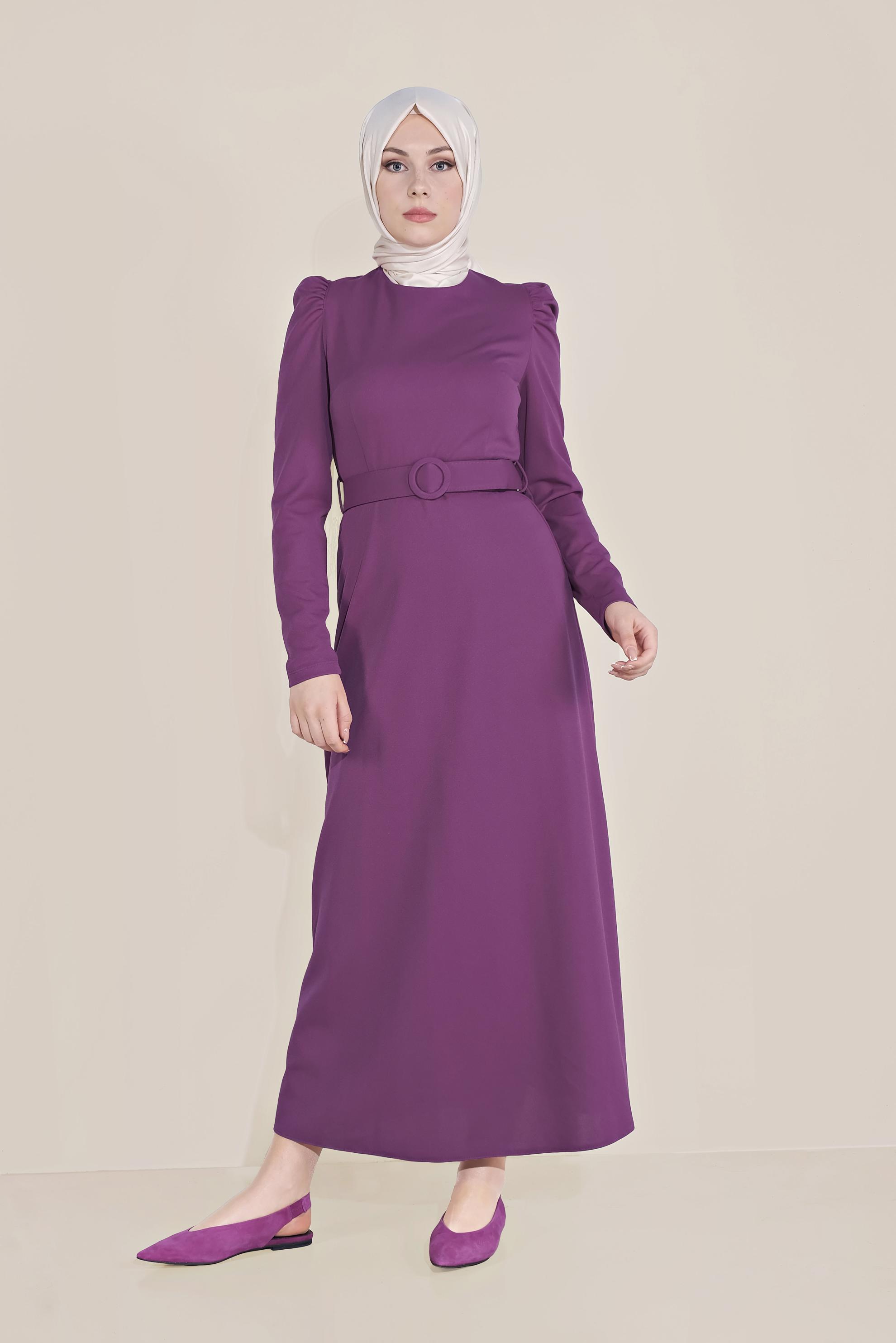 Tesettür giyim MOR KARPUZ KOL KEMERLİ ELBİSE 40760